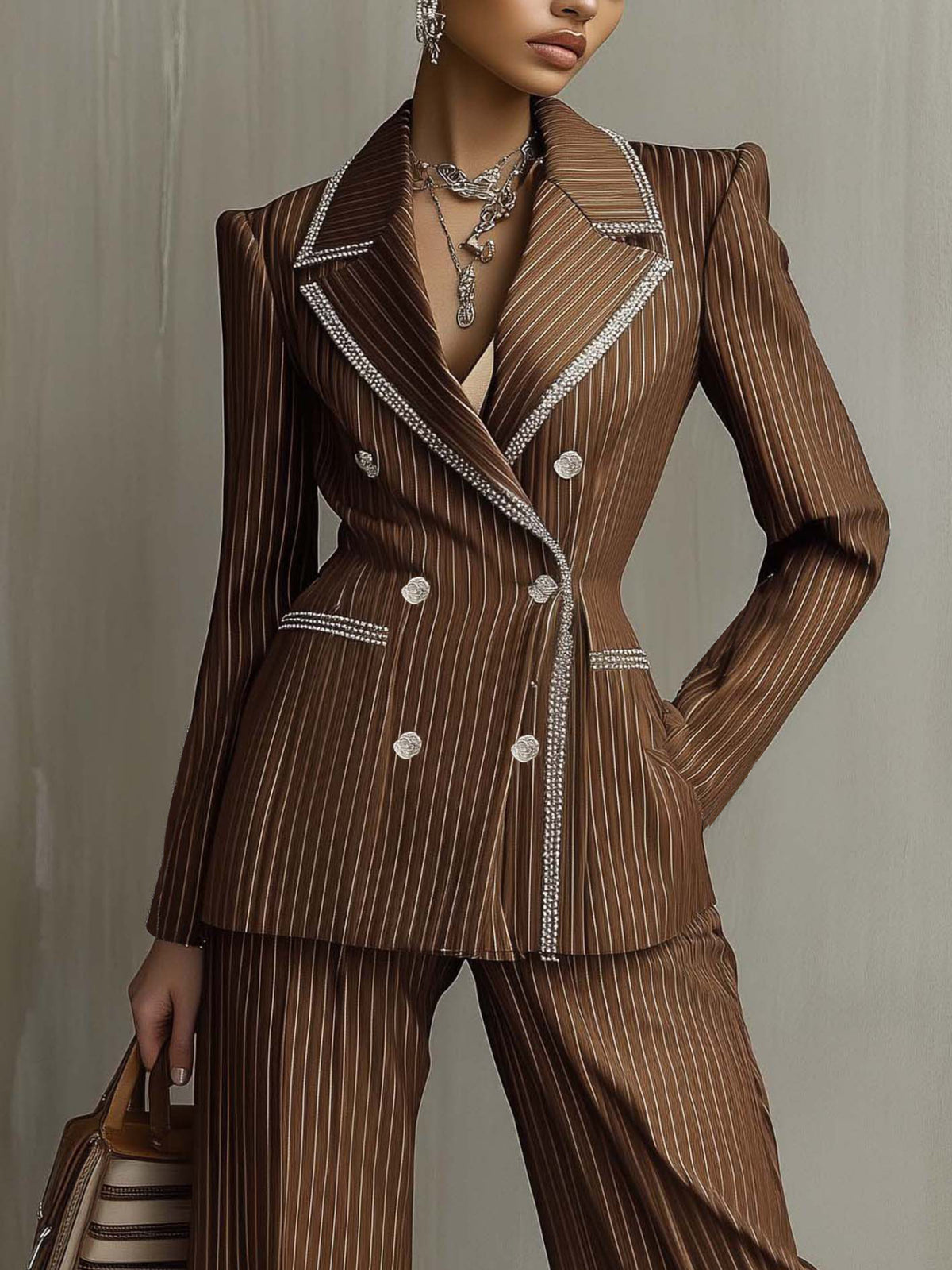 Brown Striped Rhinestone Embellished Suit Set Women Glamorous Party Formal Social Occasion Mixed Colors S-XXL