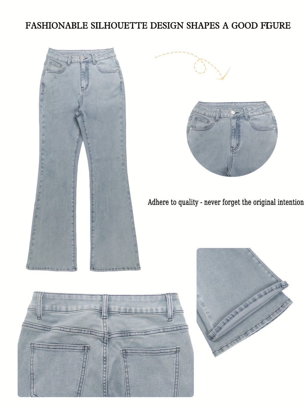 High Waist Stretch Flare Jeans Women Wide Leg Pants with Pockets – Solid Color Street Style, All-Season Comfortable Denim, Machine Washable
