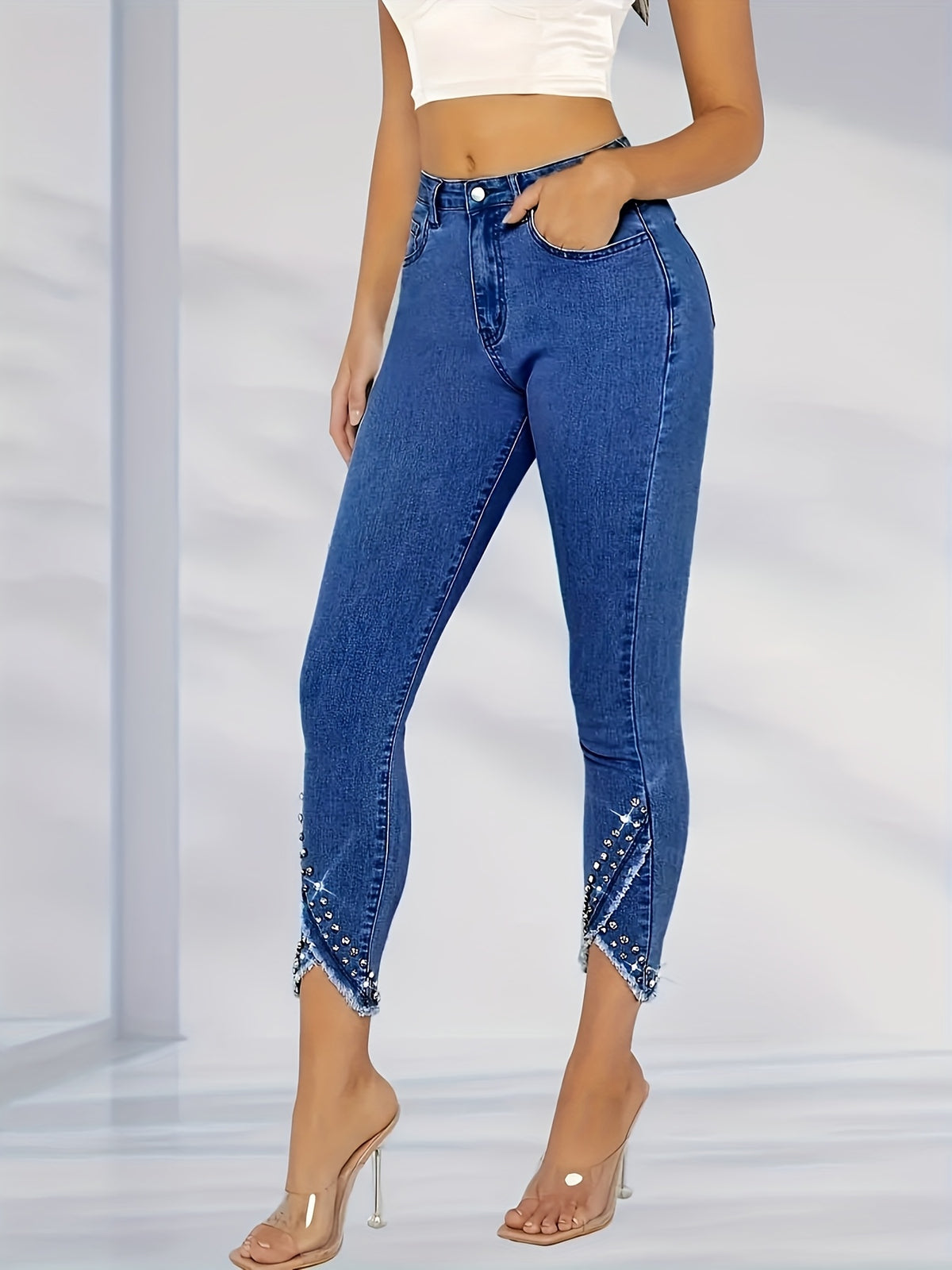 Women's Rhinestone High-Waisted Straight-Leg Jeans Fitted Denim Pants Medium Blue S-XXL