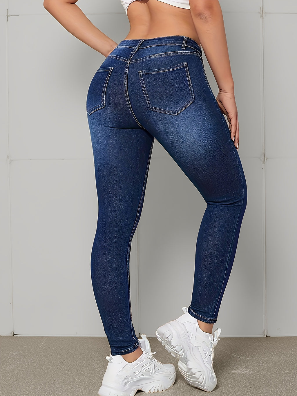 Women's Blue Skinny Jeans Washed Tapered Slim Fit High Stretch Casual Denim S-XXL