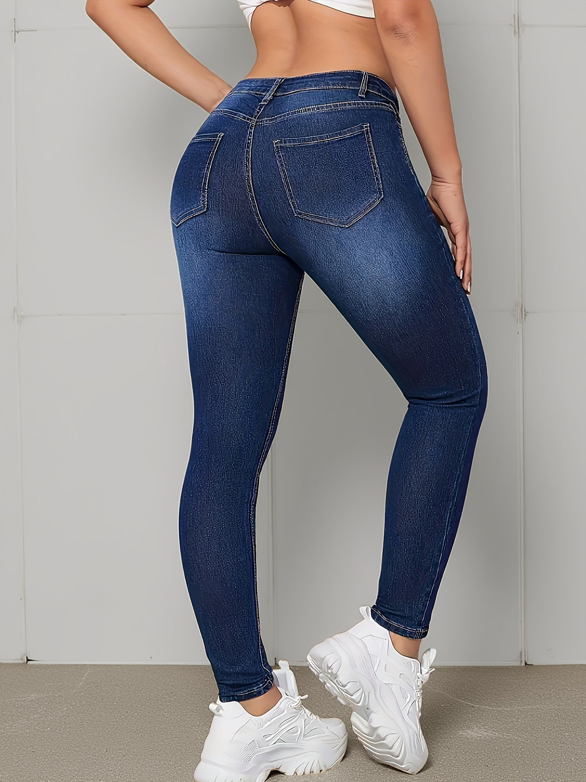 Women's Blue Skinny Jeans Washed Tapered Slim Fit High Stretch Casual Denim S-XXL
