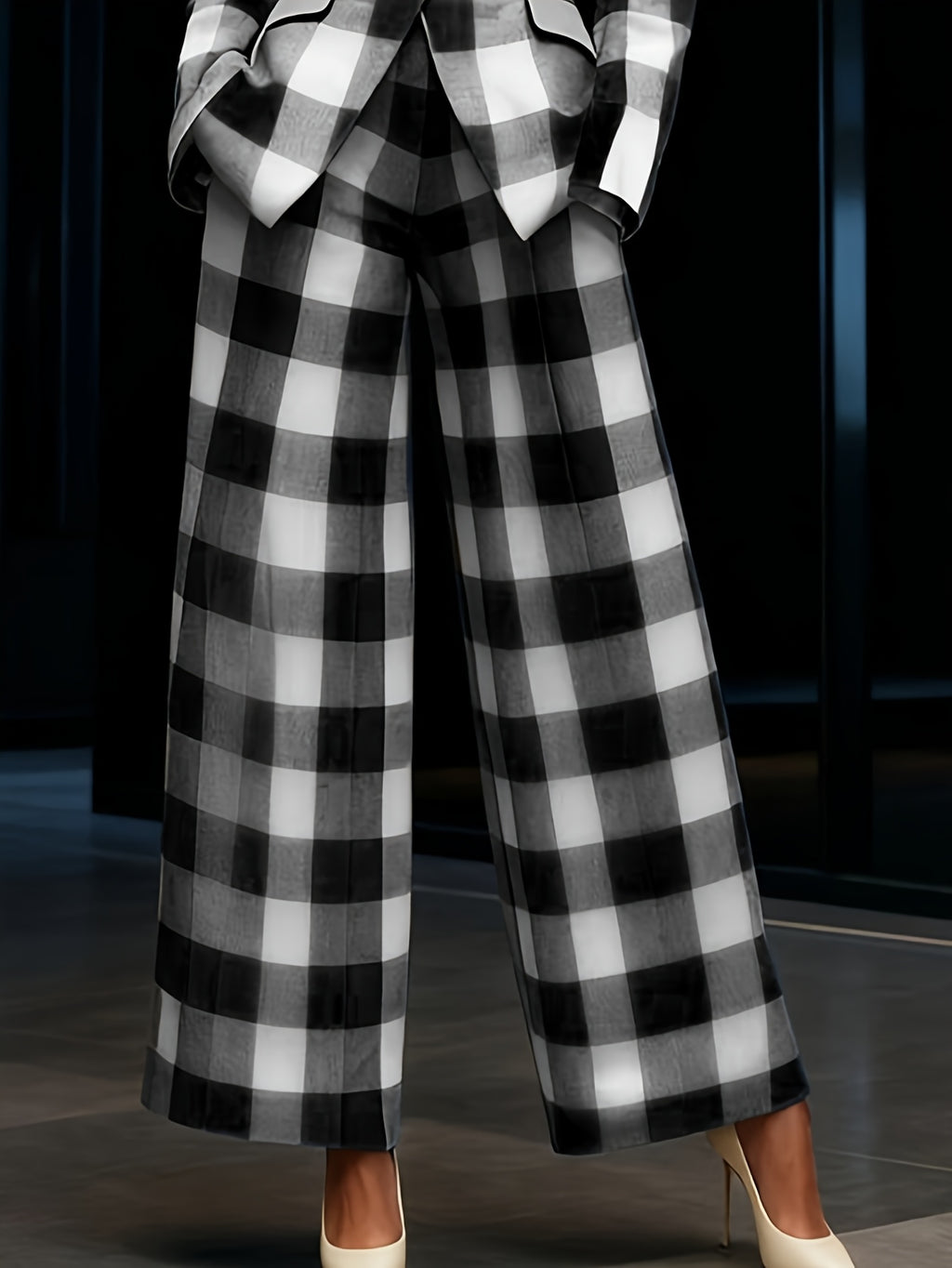 Women's 2pcs Plaid Wide Leg Pants Suit Waist Cinched Slim Fit Professional Blazer Set Workplace Business Casual Outfit