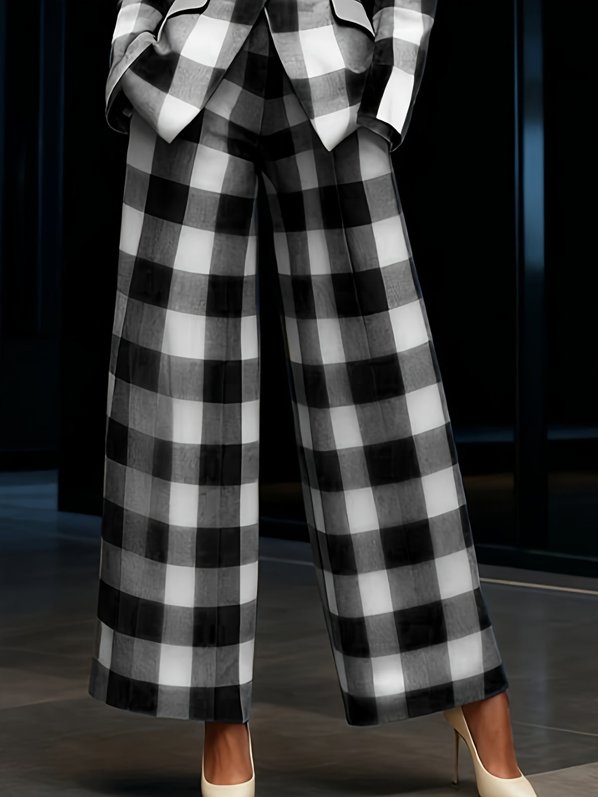 Women's 2pcs Plaid Wide Leg Pants Suit Waist Cinched Slim Fit Professional Blazer Set Workplace Business Casual Outfit