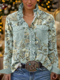 Vintage Paisley Print Shirt Women Long Sleeve Ruffle Lapel Collar Blouse Casual Woven Top Multicolor S-XXL