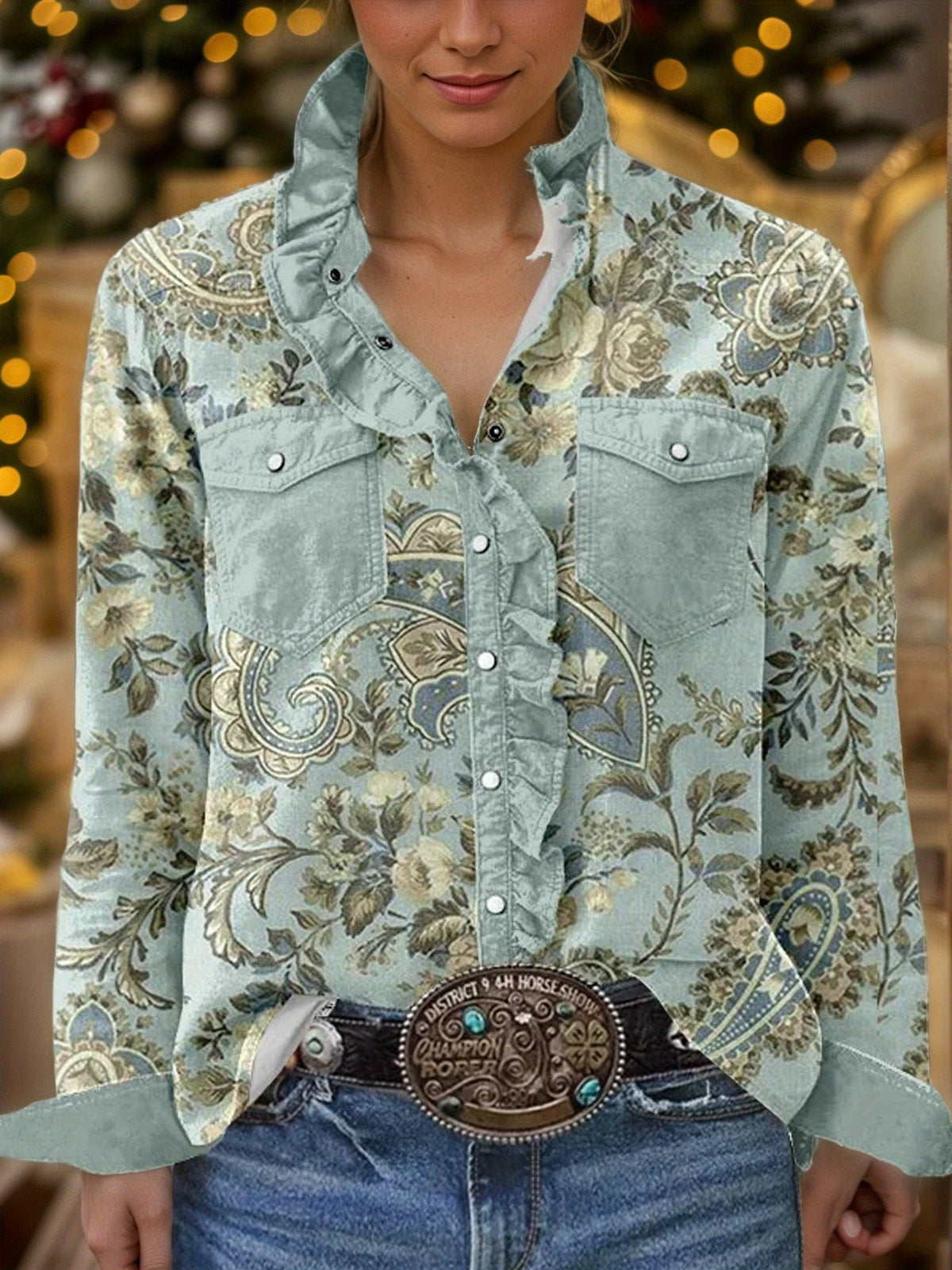 Vintage Paisley Print Shirt Women Long Sleeve Ruffle Lapel Collar Blouse Casual Woven Top Multicolor S-XXL