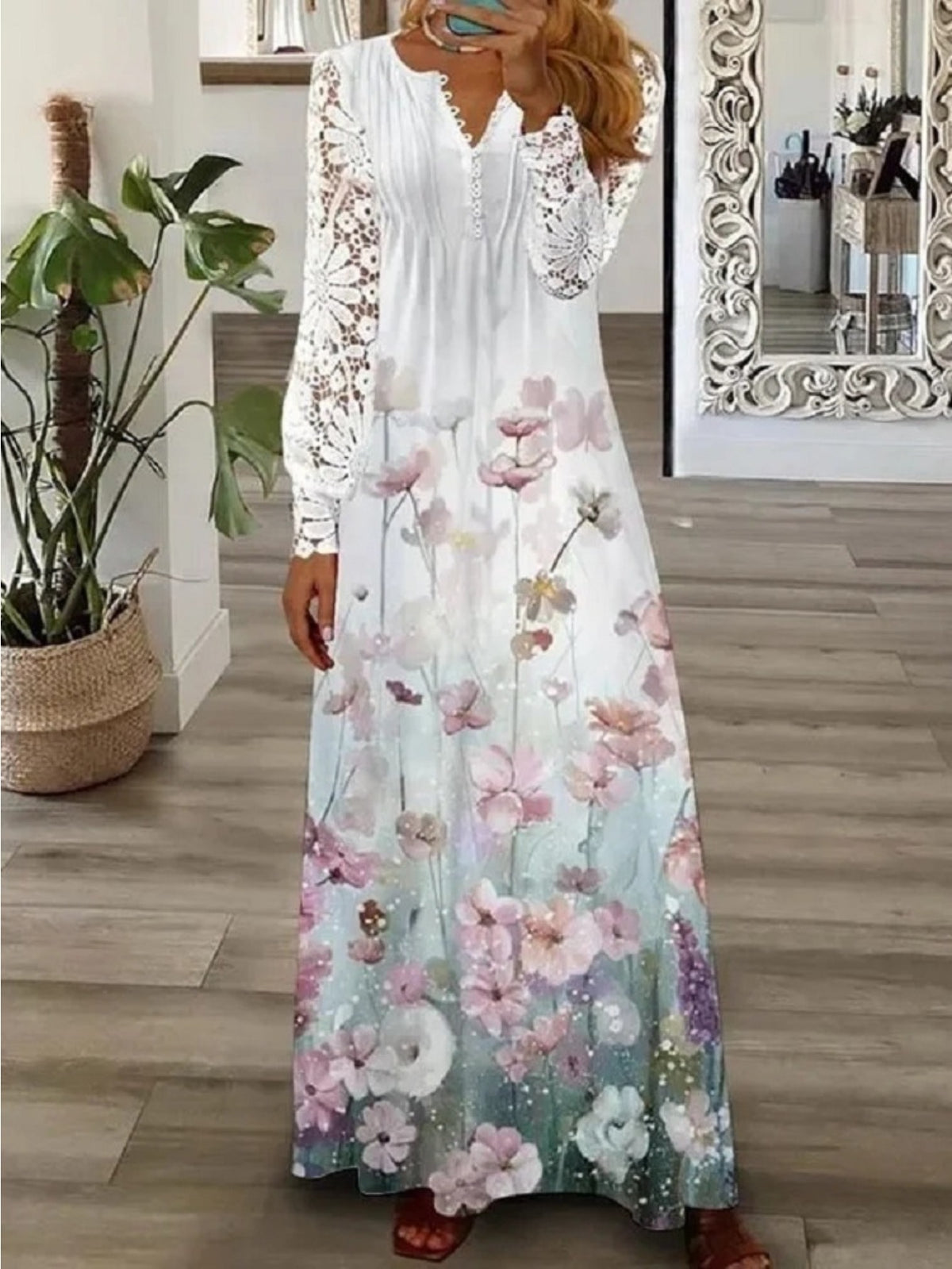 Women's Bohemian White Lace Long Dress V-Neck Long Sleeve High Waist A-Line Flowing Hem Romantic Date Beach Dress