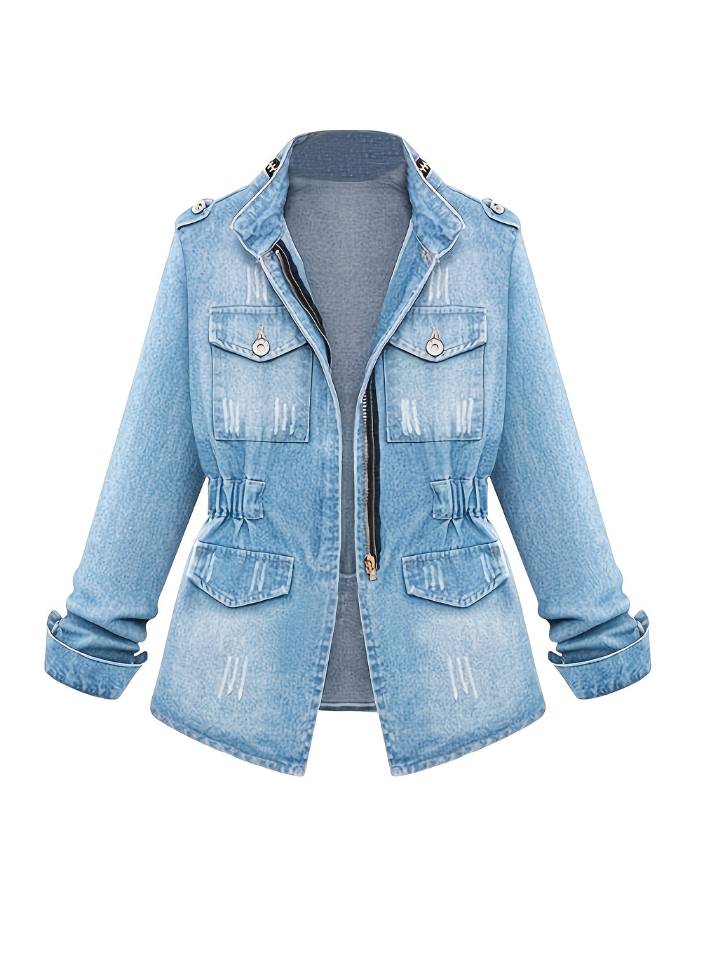 Round Neck Three Quarter Sleeve Short Denim Jacket Women Casual Daily Outfit Spring Autumn Jean Coat Blue Light Blue