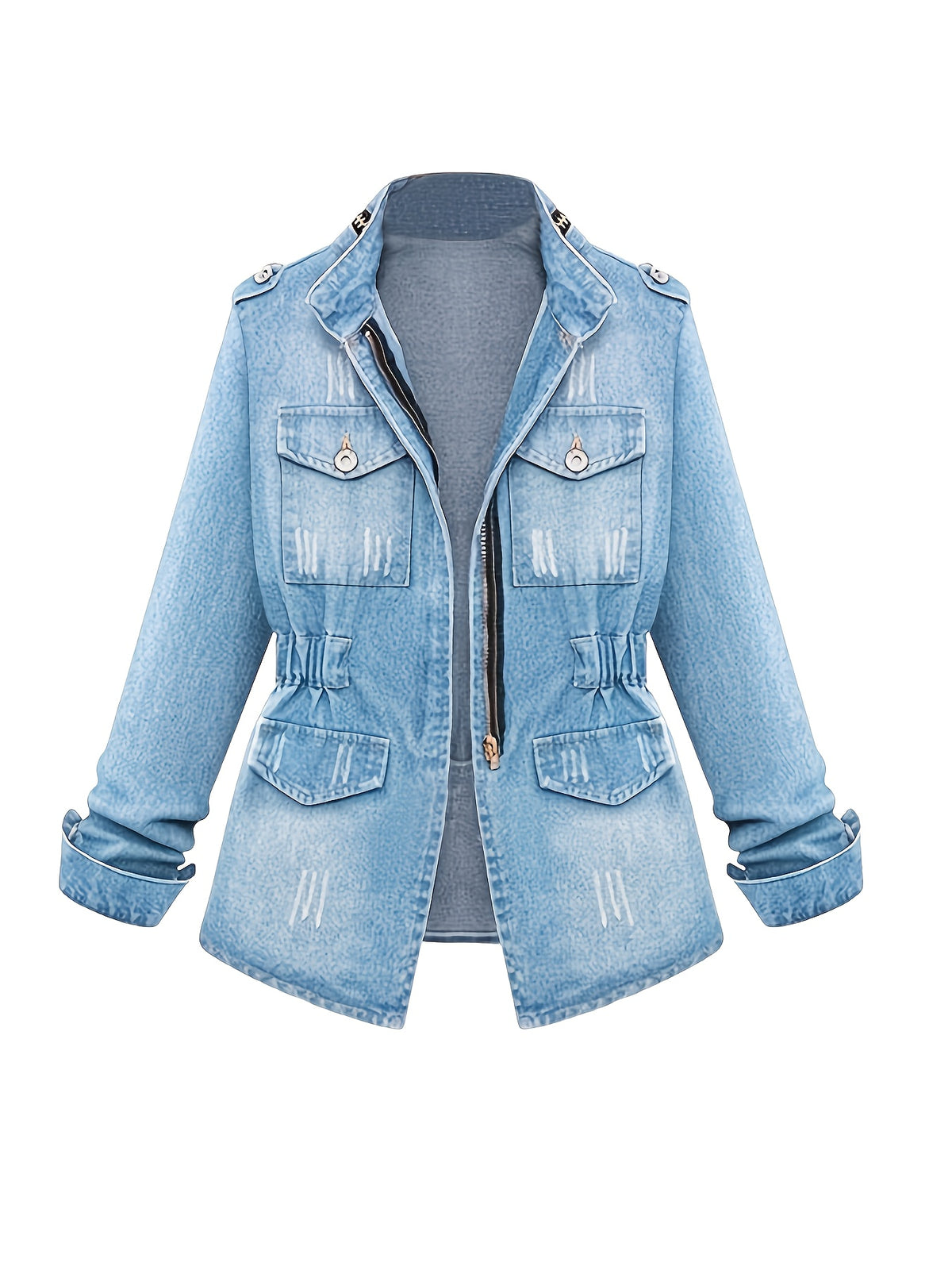 Round Neck Three Quarter Sleeve Short Denim Jacket Women Casual Daily Outfit Spring Autumn Jean Coat Blue Light Blue