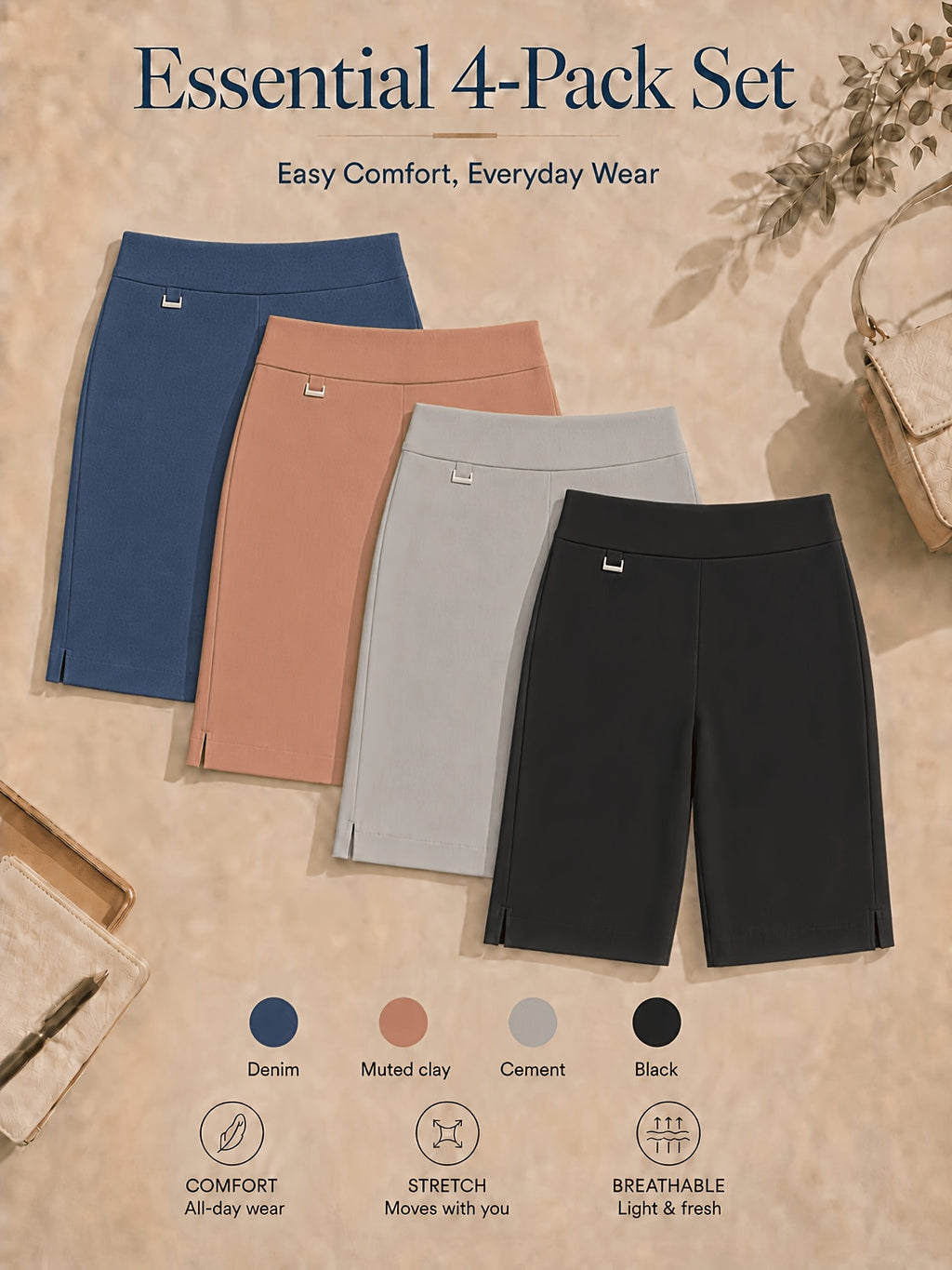 Women's Bermuda Shorts 4-Pack Pull-On Stretchy Breathable Knee Length Work Shorts with Side Slit Hem Skin-Friendly Multi-Color Set