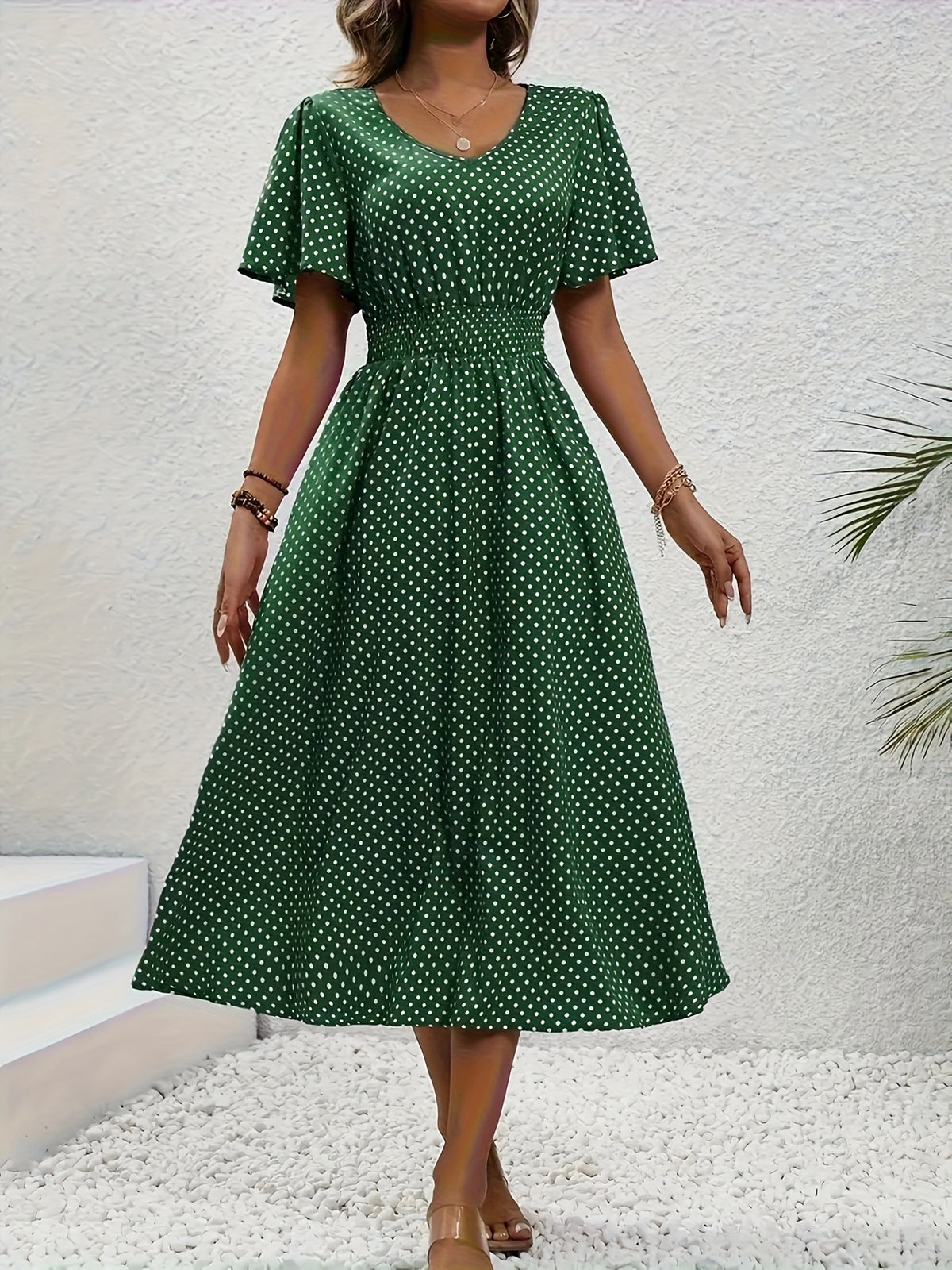 Polka Dot Swing Dress Women V-Neck Ruffled Sleeve Casual Long Dress Waist Enhancing Spring Summer Lightweight Pale Pink Gray Light Blue Green S-XXL