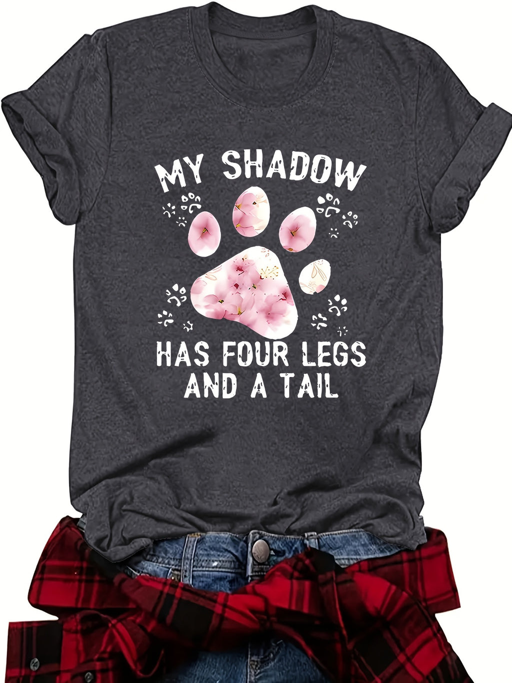 Sakura Cat Paw Print Graphic Tee Women Short Sleeve Crew Neck Casual T-Shirt | Cute Letter Print Cotton-Feel Knit Top for Spring Summer Daily Wear & Gifts