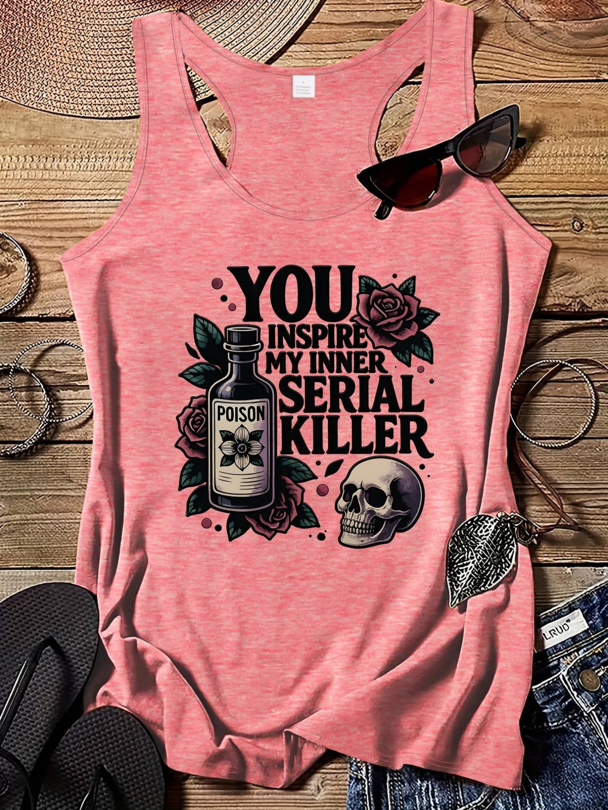 Rose Print Round Neck Tank Top for Women - Floral Poison Rose Fashion Sleeveless Blouse Vest, Breathable Casual Summer Top for Everyday Outfits & Layering