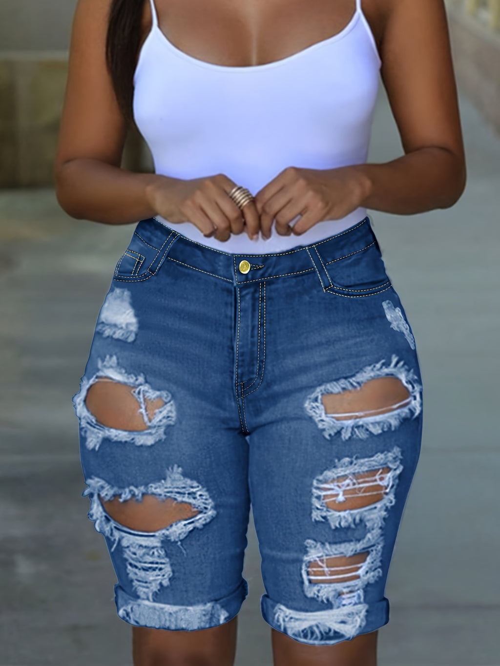 Ripped Denim Shorts for Women - Fringe Hem Distressed Vintage Jean Shorts, Casual Street Style Destroyed Denim with Raw Edge, Summer Fashion Bottoms