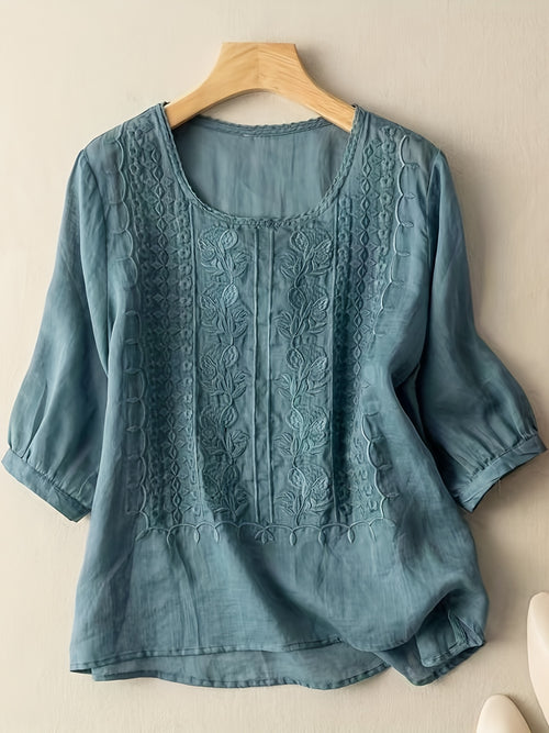 Boho Floral Embroidered Blouse Women V-Neck 3/4 Sleeve Loose Cotton Top Casual Applique All-Season Stretch Shirt S-XXL