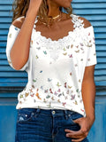 Butterfly Print Off Shoulder Top Women V-Neck Short Sleeve Casual White Blouse S-XXL