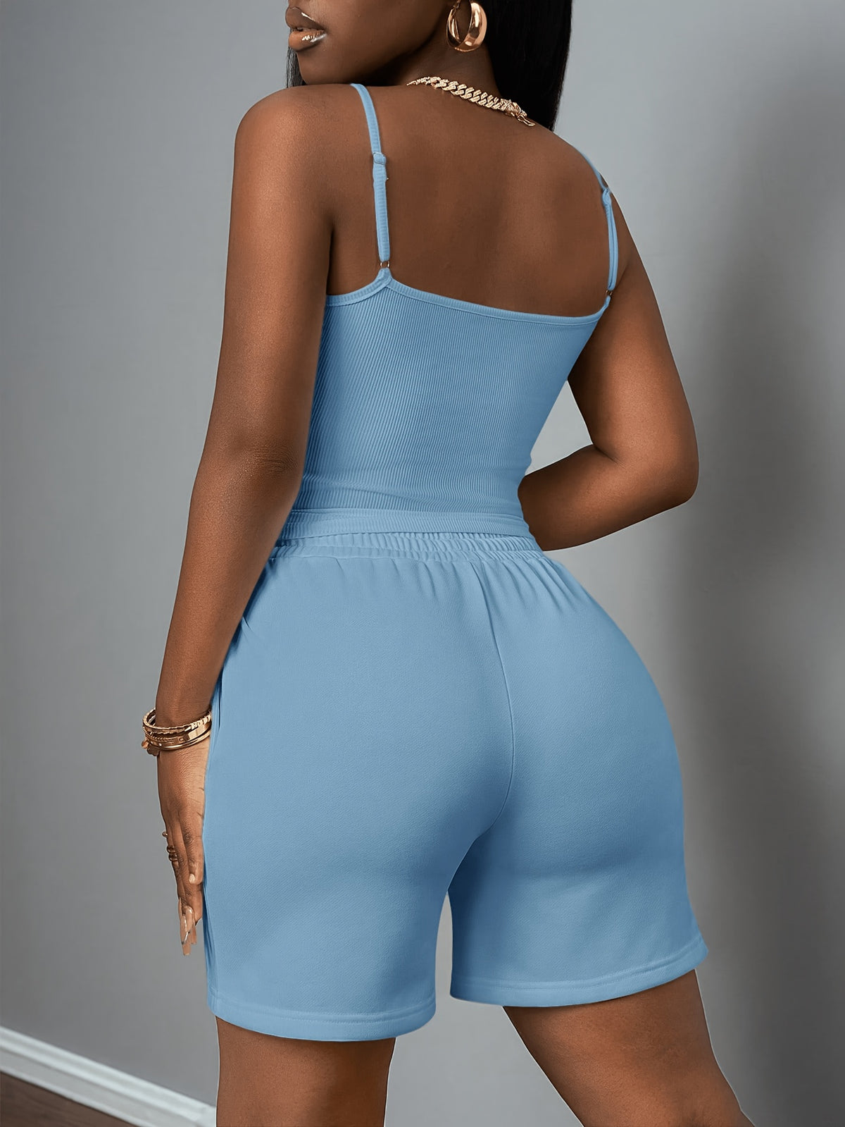Cami Tank Top Sweat Shorts 2 Piece Set Women Slim Athletic Lounge Outfit Pockets Drawstring Athleisure Daily Wear S-XXL