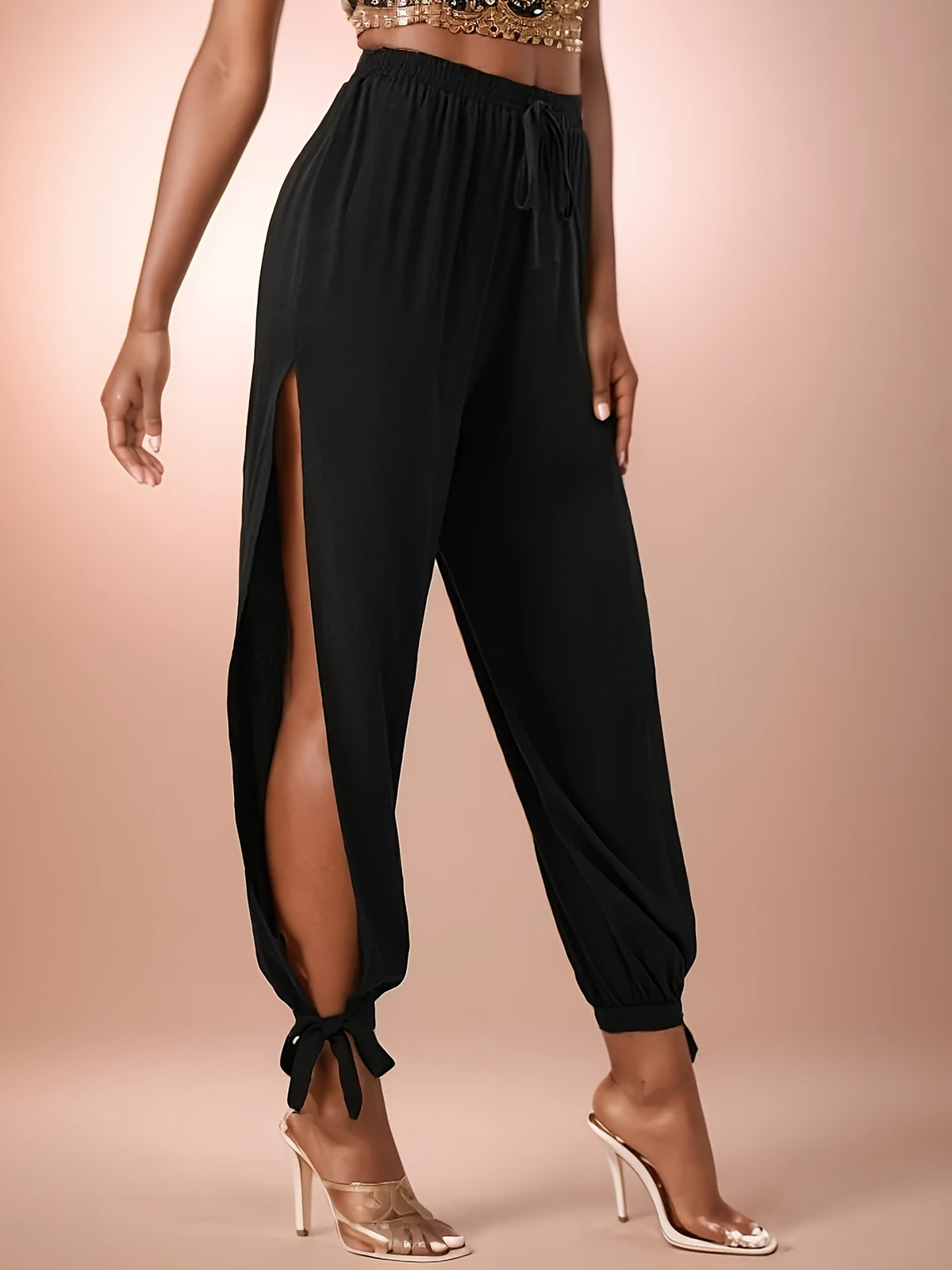 High Waist Lantern Pants Women - Relaxed Wide Leg Trousers with Tie-Cuff Split Hem, Black Casual Vacation Pants, Loose Fit Harem Style for Spring Summer