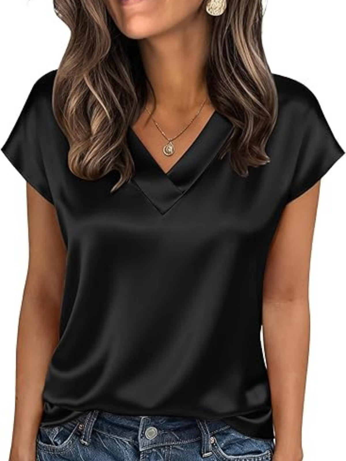 Women Satin V-Neck Cap Sleeve Blouse | Elegant Business Casual Top | Sizes S-XXL