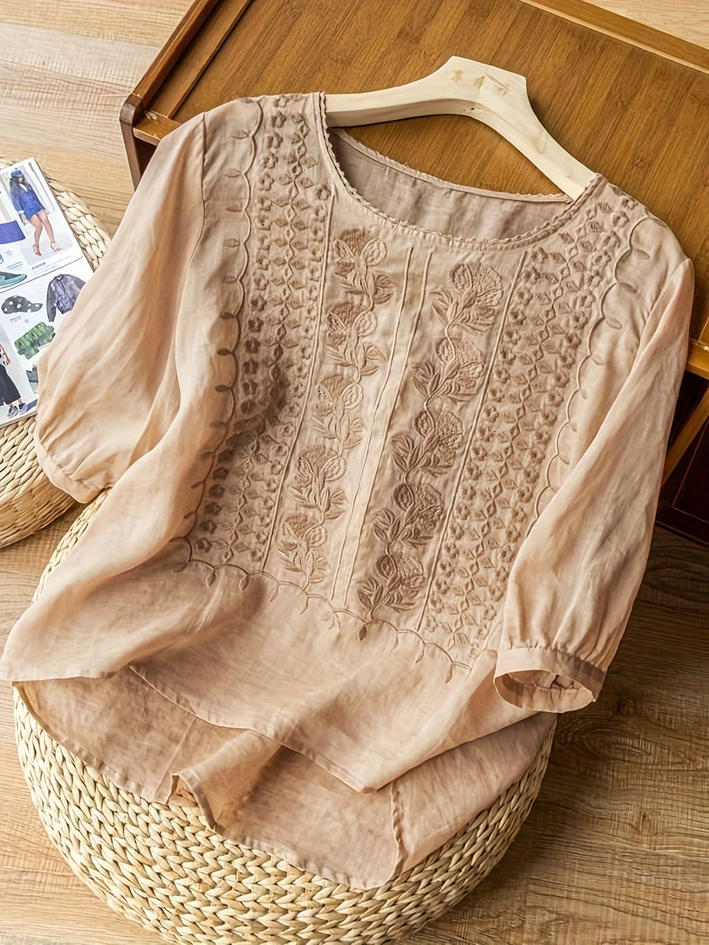 Boho Floral Embroidered Blouse Women V-Neck 3/4 Sleeve Loose Cotton Top Casual Applique All-Season Stretch Shirt S-XXL
