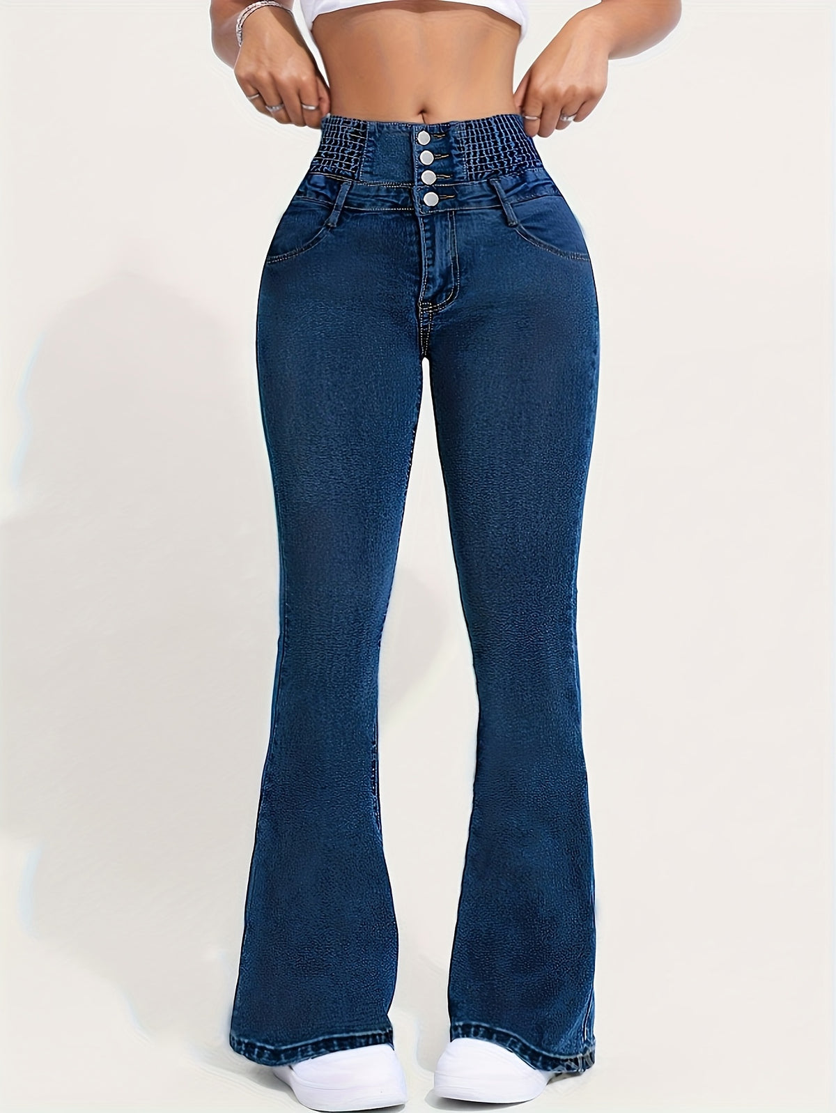 High Waist Flare Leg Jeans Women Vintage Shirring Detail Button Fly Medium Blue Denim All Season