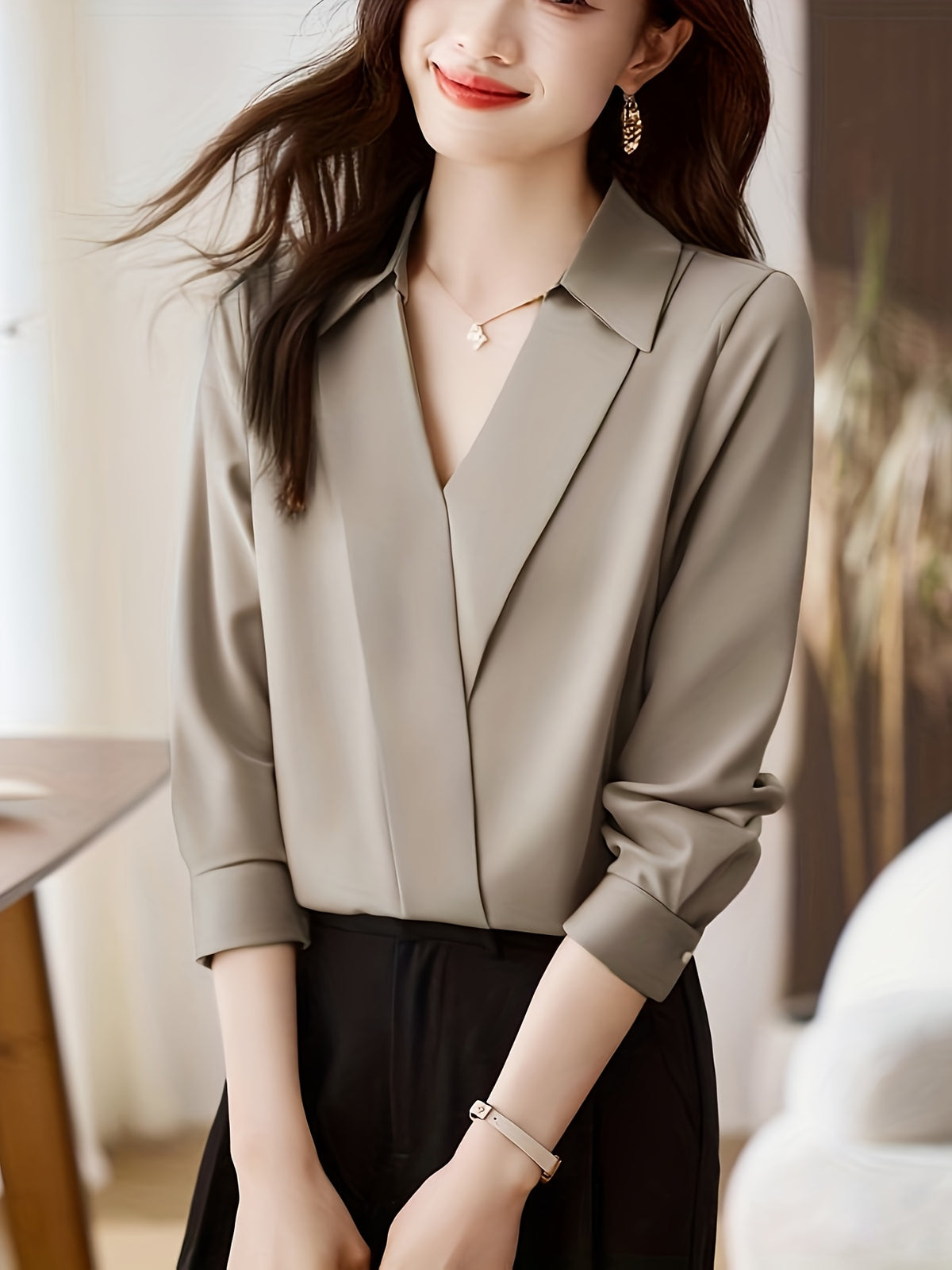 Satin Lapel Blouse Women Faux Silk Solid Color Long Sleeve Cardigan Button Shirt Elegant Casual Office Top S M L XL XXL
