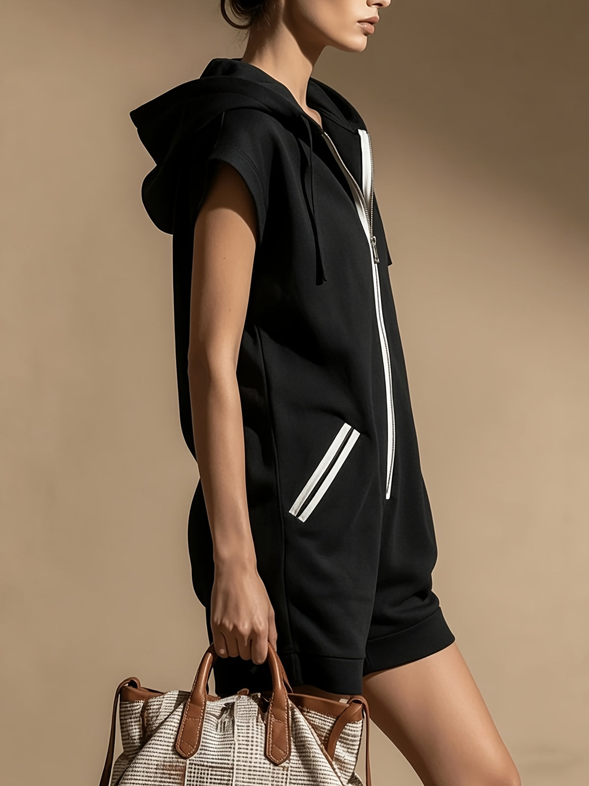 Women's Hooded Sweatshirt Sports Jumpsuit Solid Color Casual Athletic One Piece Hoodie Romper Activewear for Outings & Gym