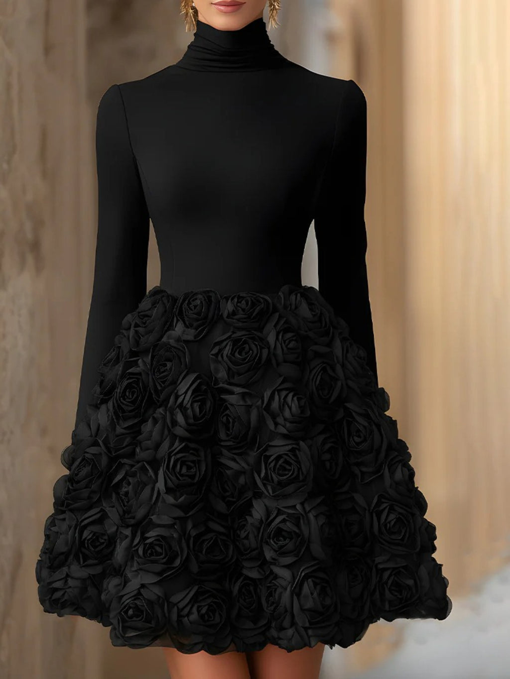3D Rose Mini Dress for Women High Neck Retro Elegant Court Style Formal Dinner Party All Season Evening Dress