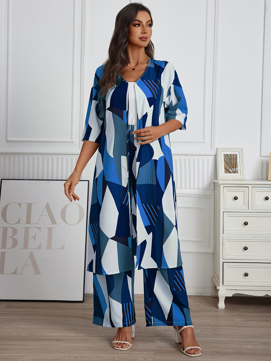Women's 2 Piece Geo Print Pantsuit Set Short Sleeve Shirt and Wide Leg Pants Vacation Outfit Casual Elegant Summer Matching Set