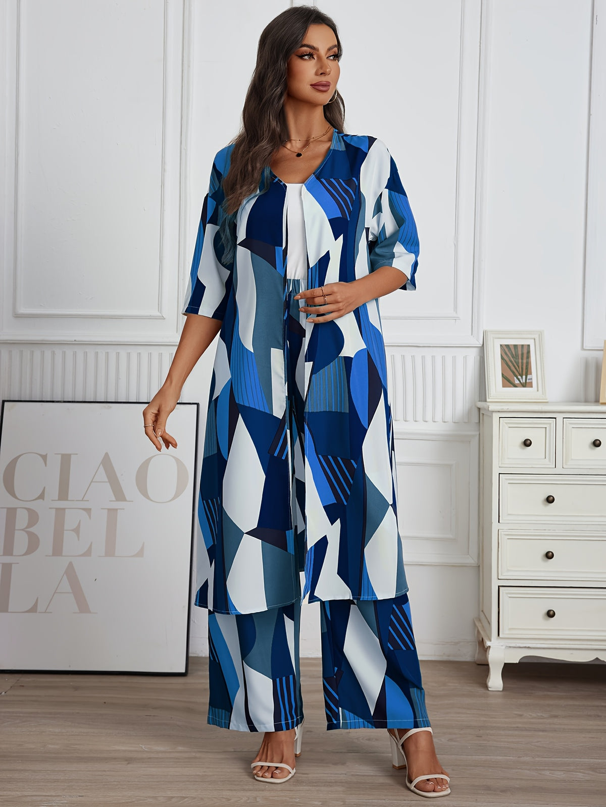 Women's 2 Piece Geo Print Pantsuit Set Short Sleeve Shirt and Wide Leg Pants Vacation Outfit Casual Elegant Summer Matching Set