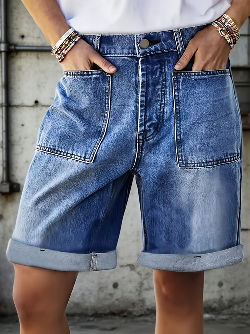 Bermuda Denim Shorts Women Blue High Waist Elastic Waist Cargo Multi Pocket Straight Leg Medium Stretch Casual Jean Shorts Spring Summer Outfit