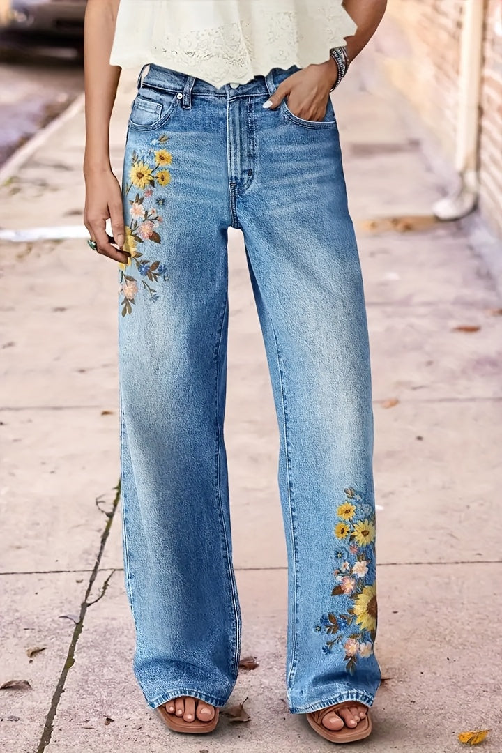 Women's High-Waisted Washed Embroidered Straight Leg Jeans Stretch Beltless Light Blue Purple All Season