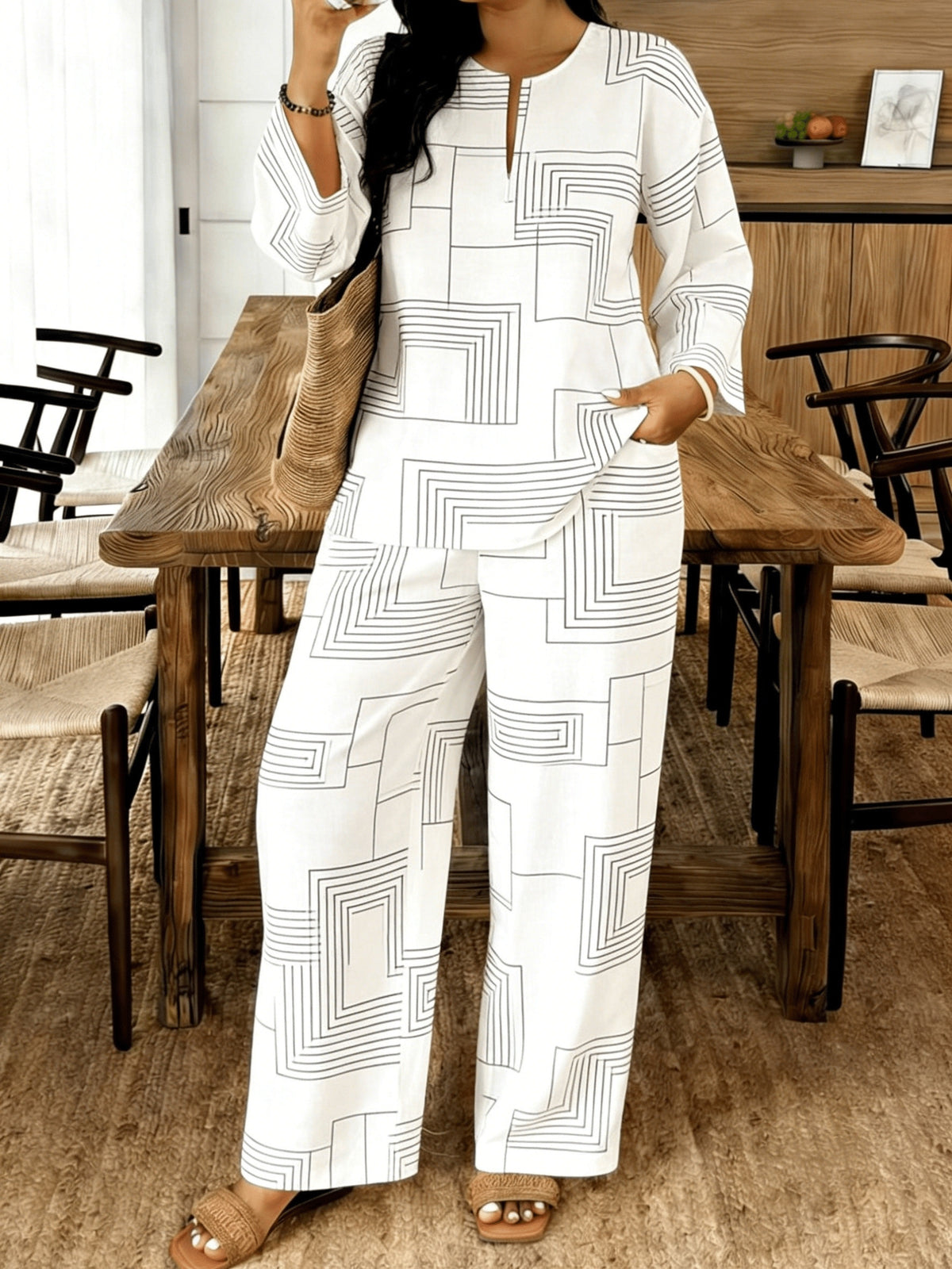 Women's 2-Piece Casual Suit Set V-Neck Loose Fit Top & Casual Pants Daily Wear Matching Outfit