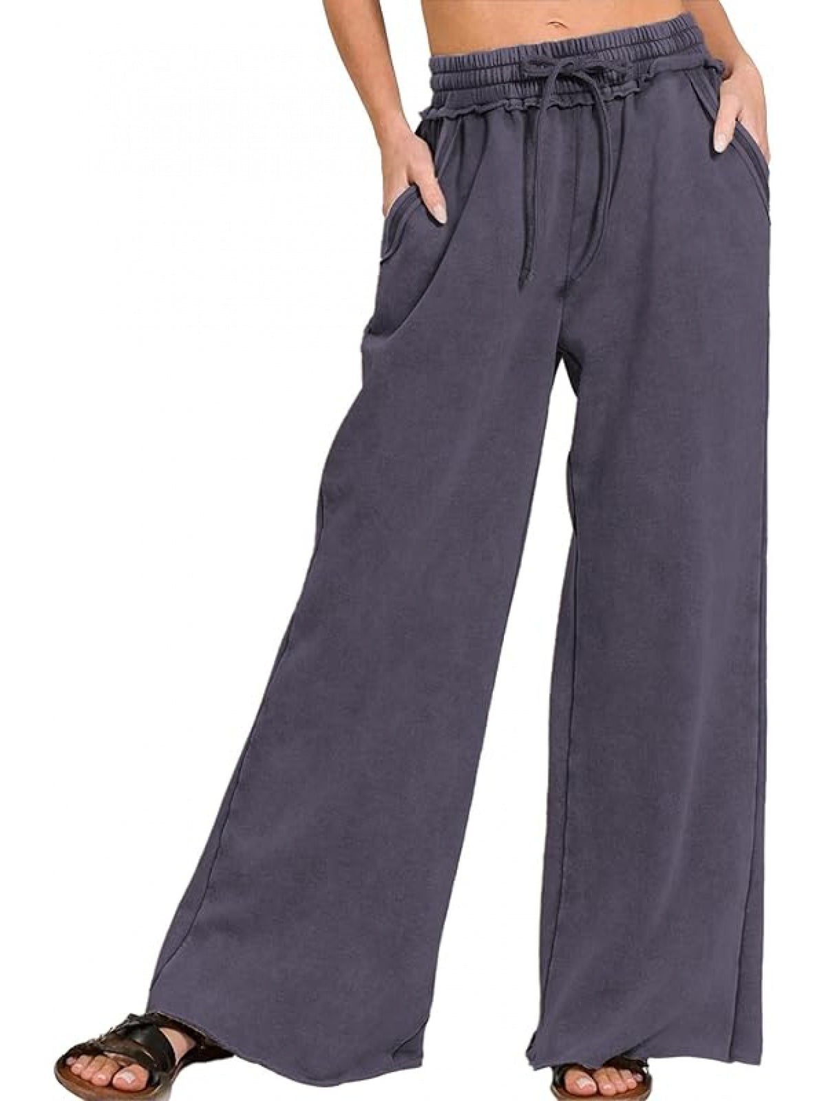 Acid Wash Palazzo Sweatpants Women High Waist Drawstring Wide Leg Pants Pockets Black Blue Sage Green