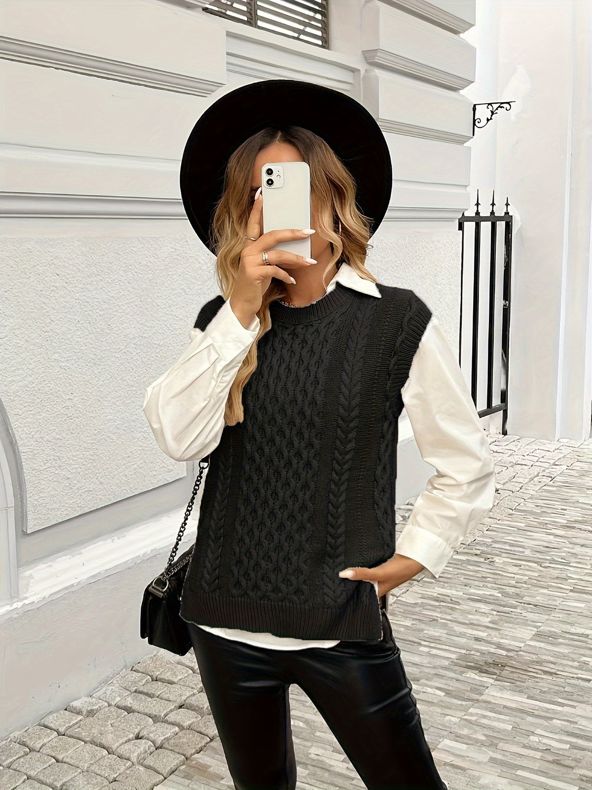 Cable Knit Sweater Vest Women Sleeveless Round Neck Slit Hem Solid Color Layering Top - Casual Semi-Formal Acrylic Knitwear Spring Summer Fall