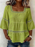 Square Neck Lace Panel Linen Blouse Women 3/4 Bell Sleeve Loose Fit Breathable Summer Vacation Top S-XL
