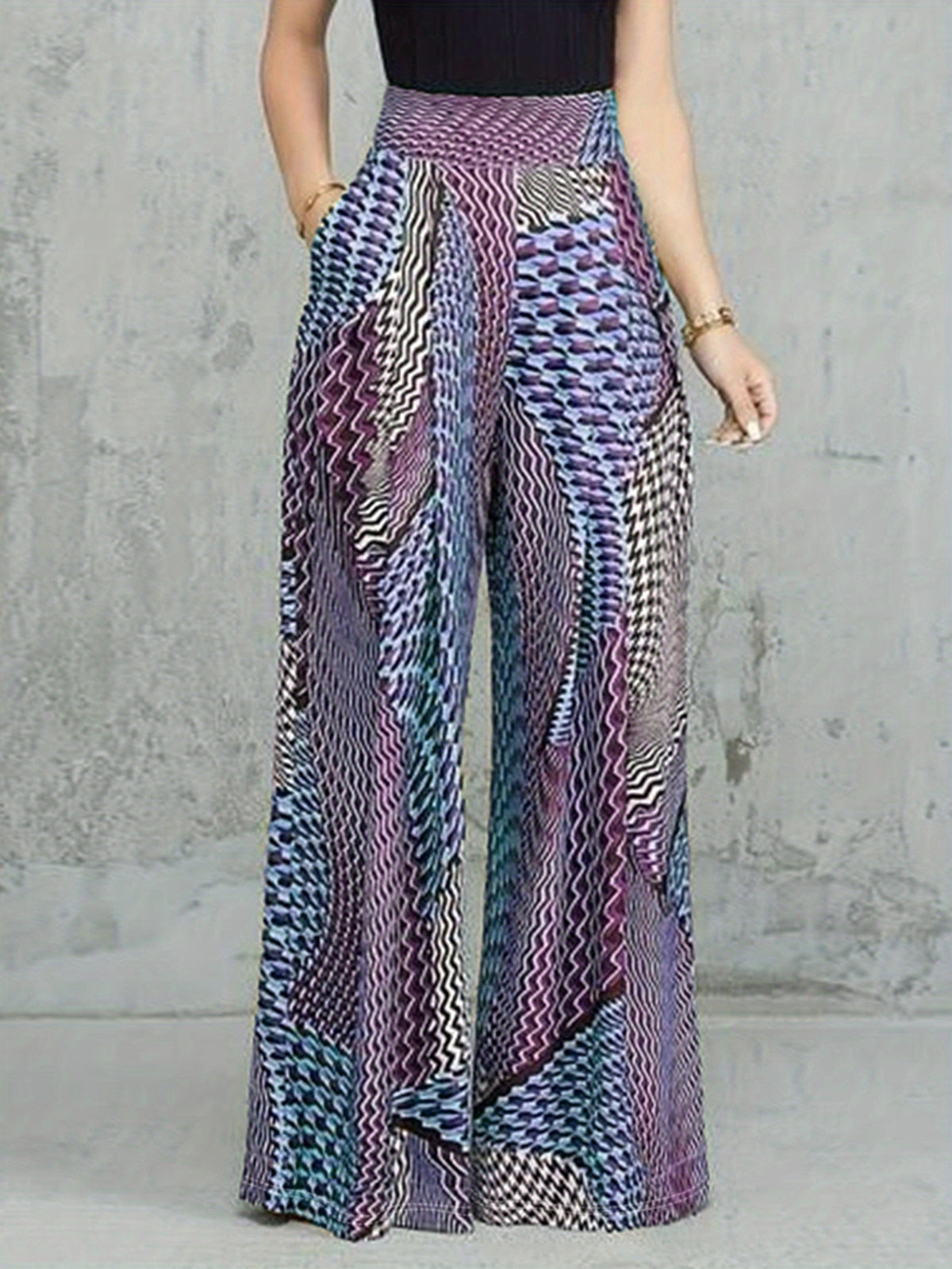 Retro Print Wide Leg Pants Women Loose Fit Long Pants Casual Commute Everyday Wear Violet Blue Mixed Colors S-XXL