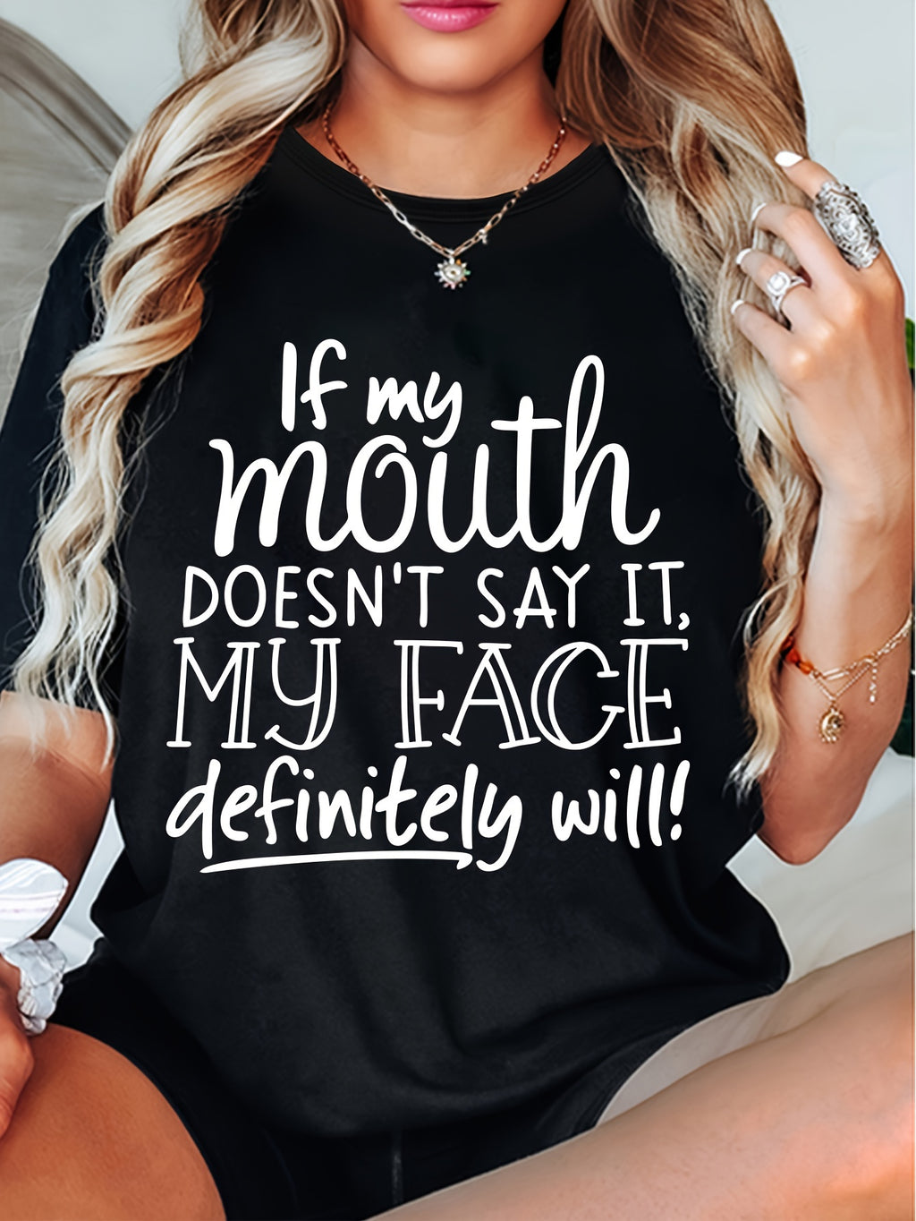 Funny Letter Print T-Shirt Women Round Neck Cool Graphic Tee Versatile Casual Top Humor Statement Tee S-XXL
