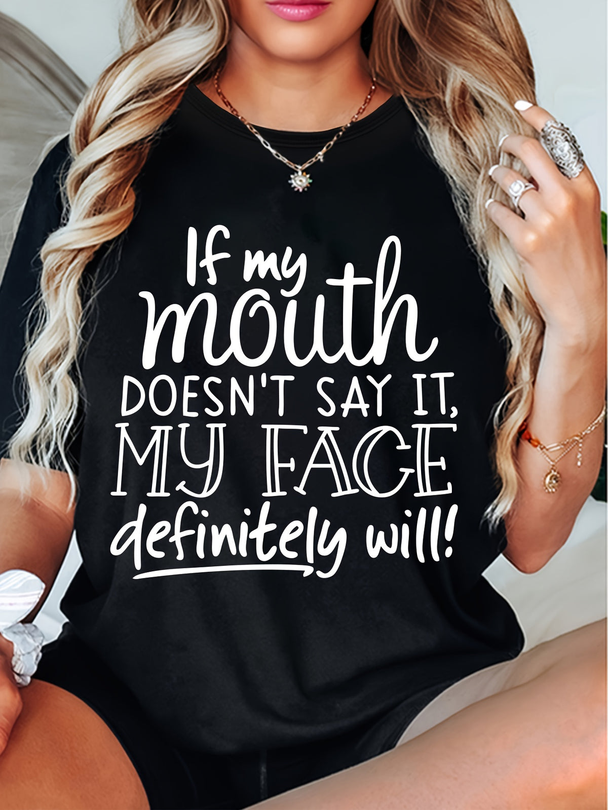 Funny Letter Print T-Shirt Women Round Neck Cool Graphic Tee Versatile Casual Top Humor Statement Tee S-XXL