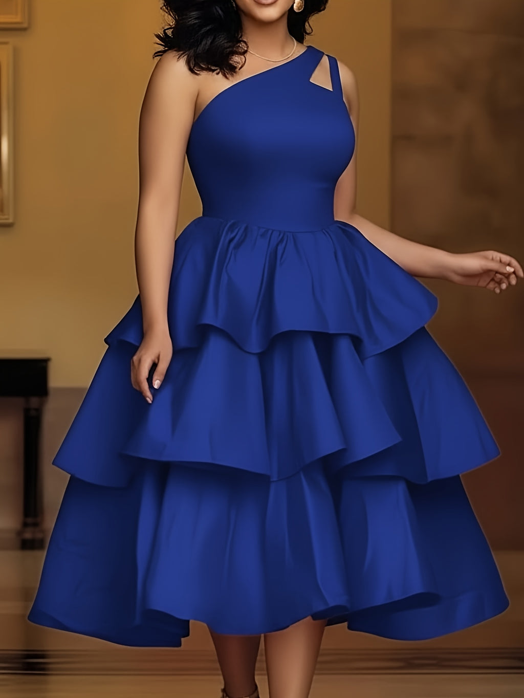 Orange One-Shoulder Cutout Tiered Midi Dress for Women – Eye-Catching Party Gown for Birthday Dinners, Gatherings & Summer Events