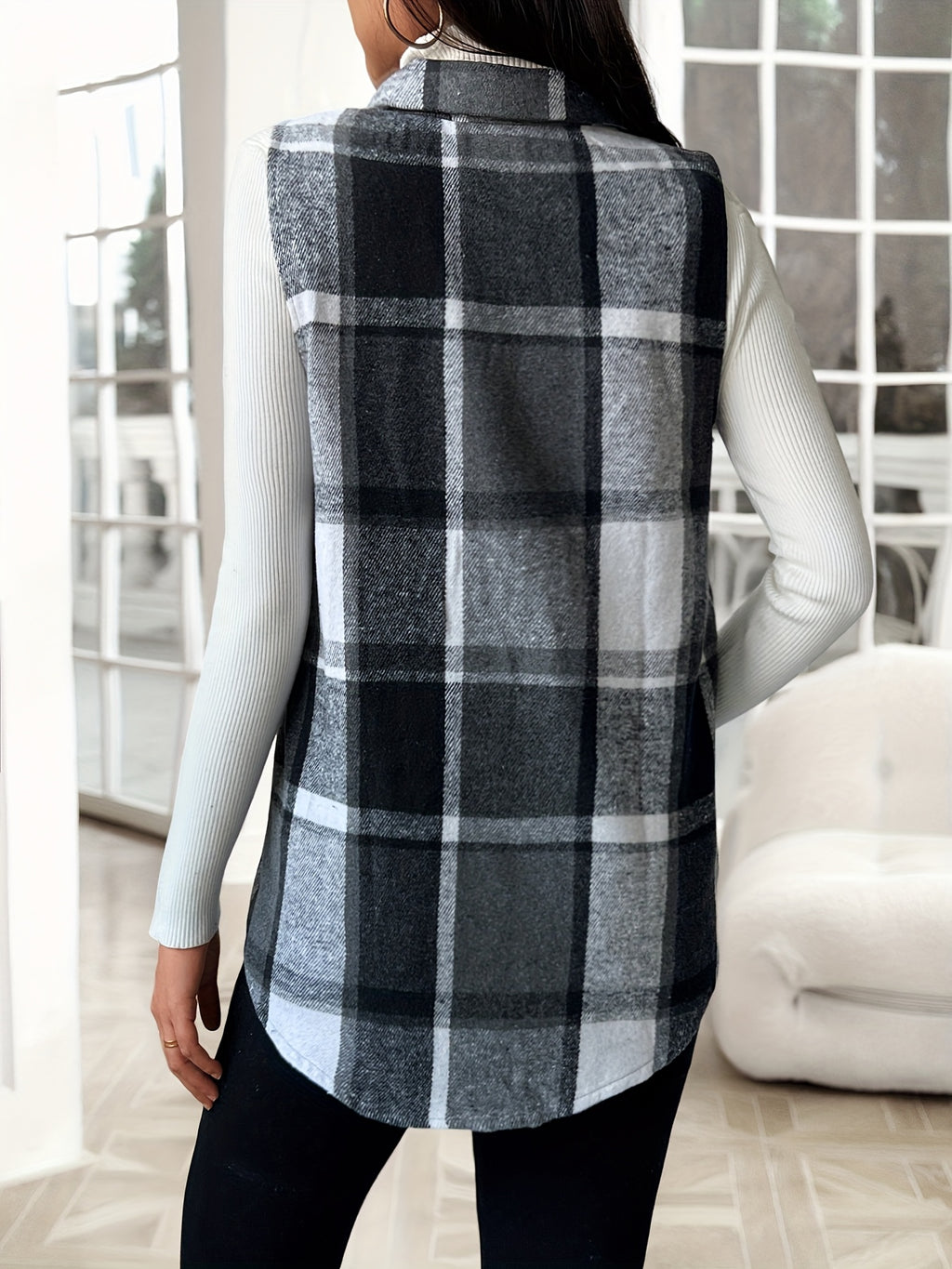 Plaid Lapel Vest Jacket Women Casual Suede Sleeveless Outerwear Fall Winter Layering