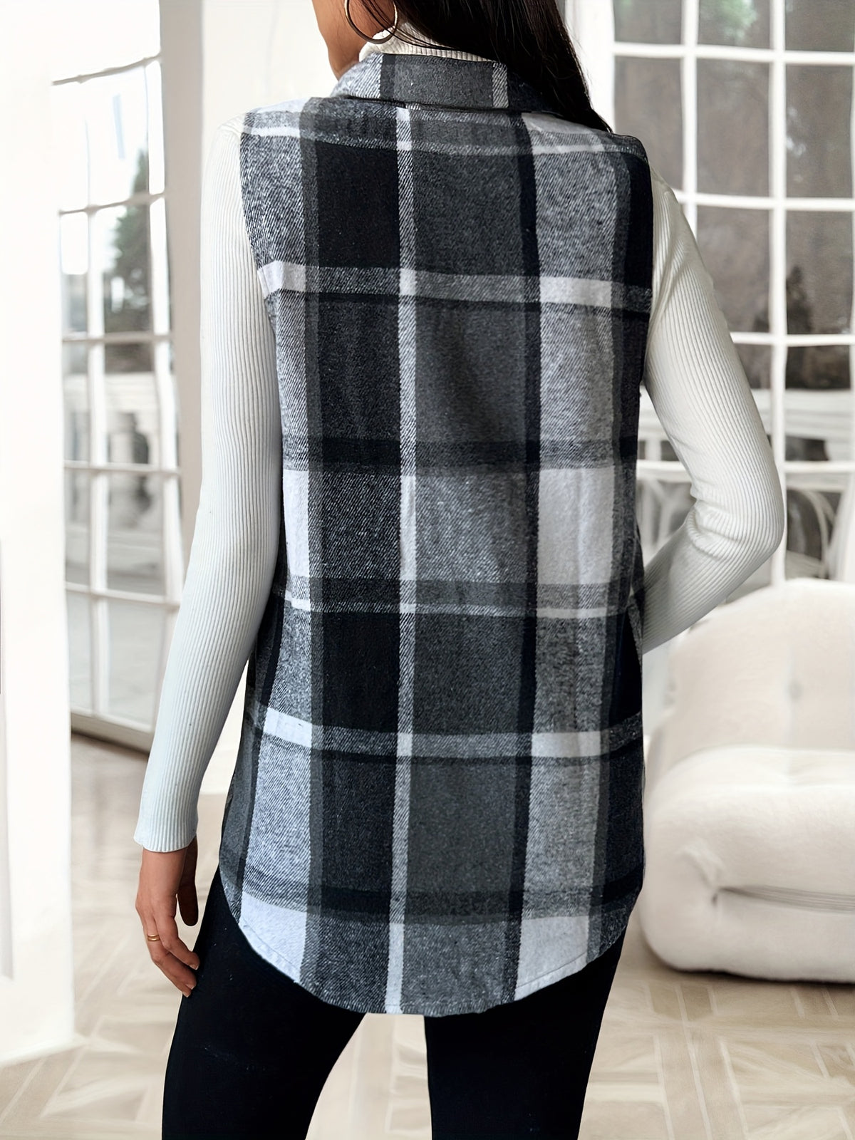 Plaid Lapel Vest Jacket Women Casual Suede Sleeveless Outerwear Fall Winter Layering