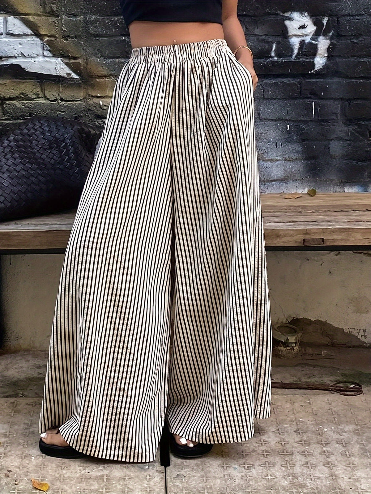 Striped Wide Leg Pants Women Elastic Waist Vertical Stripe Casual Trousers Comfortable Year Round Wear Machine Washable