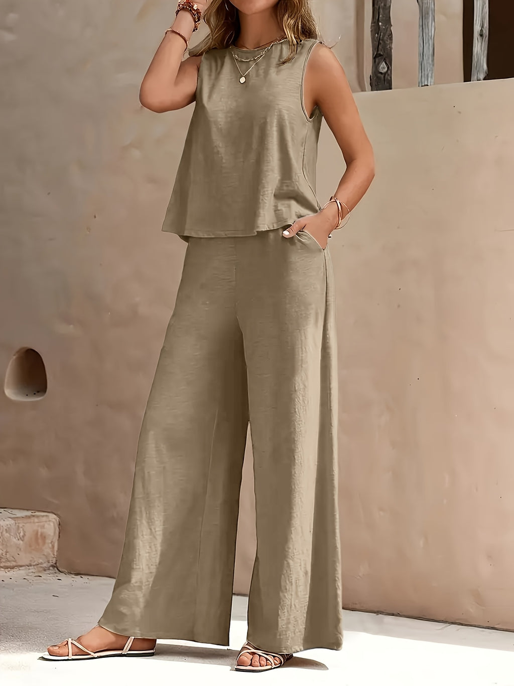 Red Sleeveless Top and Wide Leg Pants 2 Piece Set for Women – Solid Color Smooth Fabric Casual Elegant, Spring Summer, Sizes S-XXL