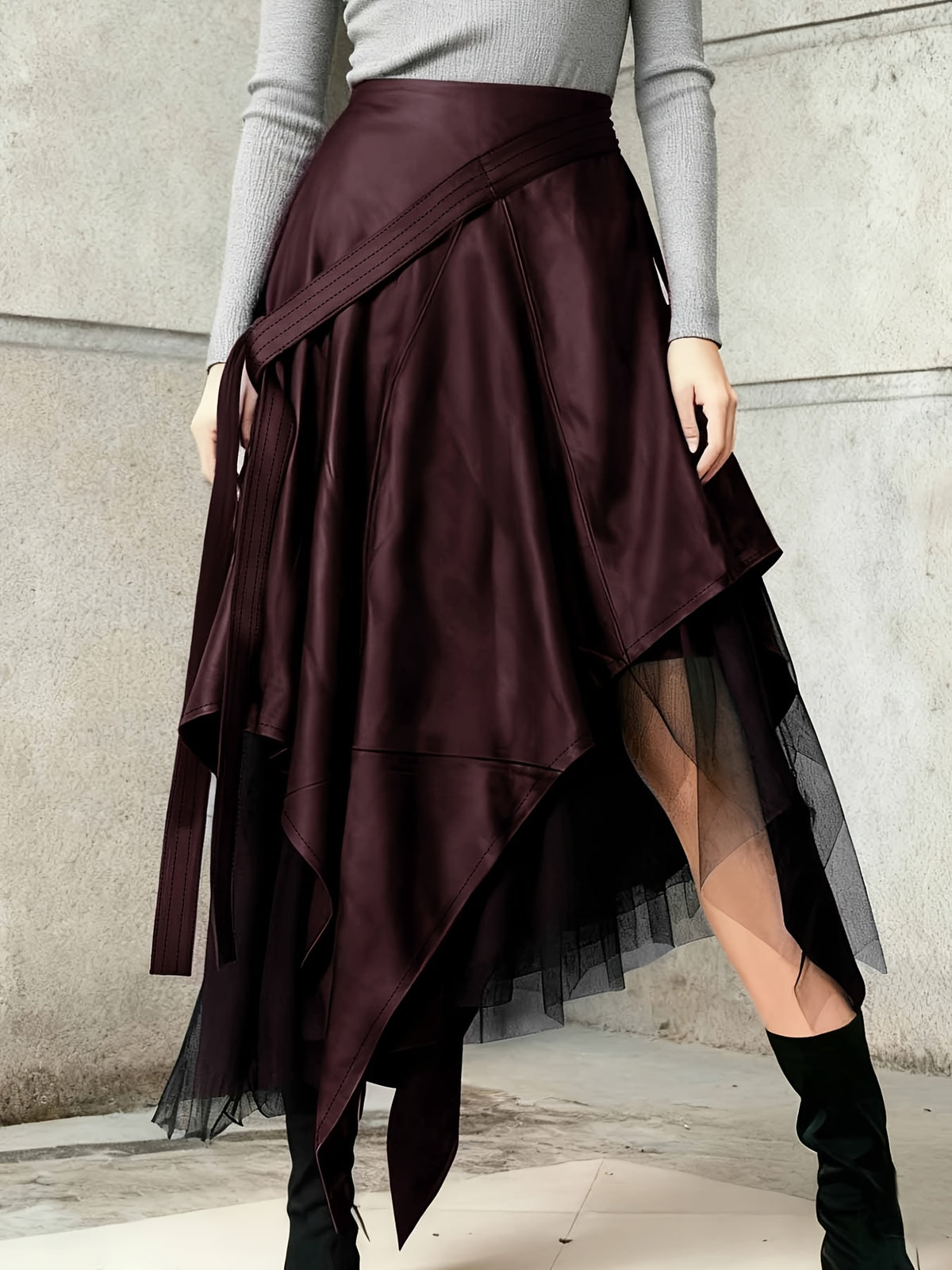 Black Asymmetric Lace Hem Skirt for Women, Elegant A-Line Midi Skirt Casual Spring Autumn Fashion Ladies Bottom with Irregular Hem