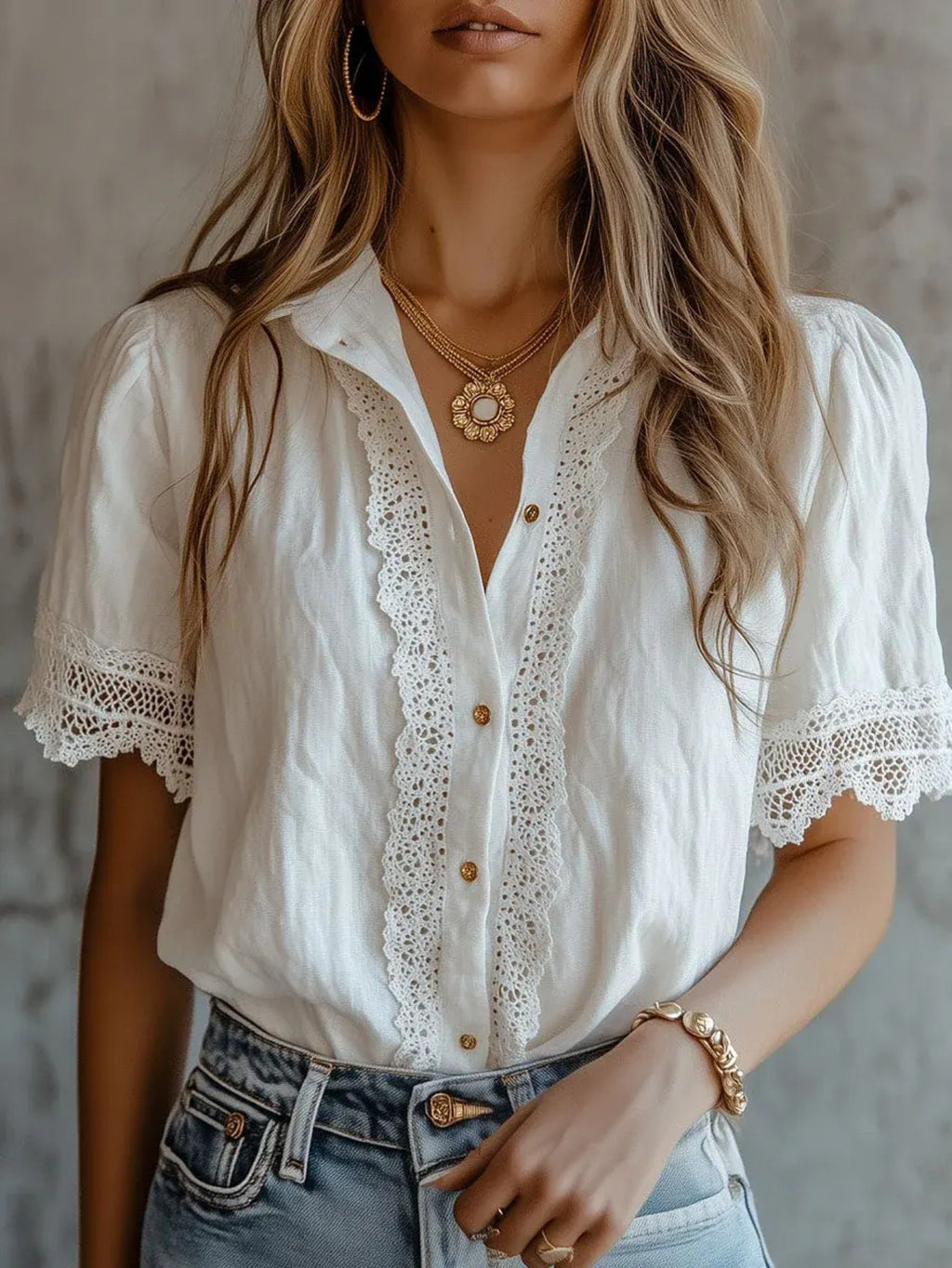 Lace Spliced Blouse Women Summer Casual Feminine Top | Elegant Lace Panel Shirt Comfortable Lightweight Machine Washable Everyday Wear S-XXL