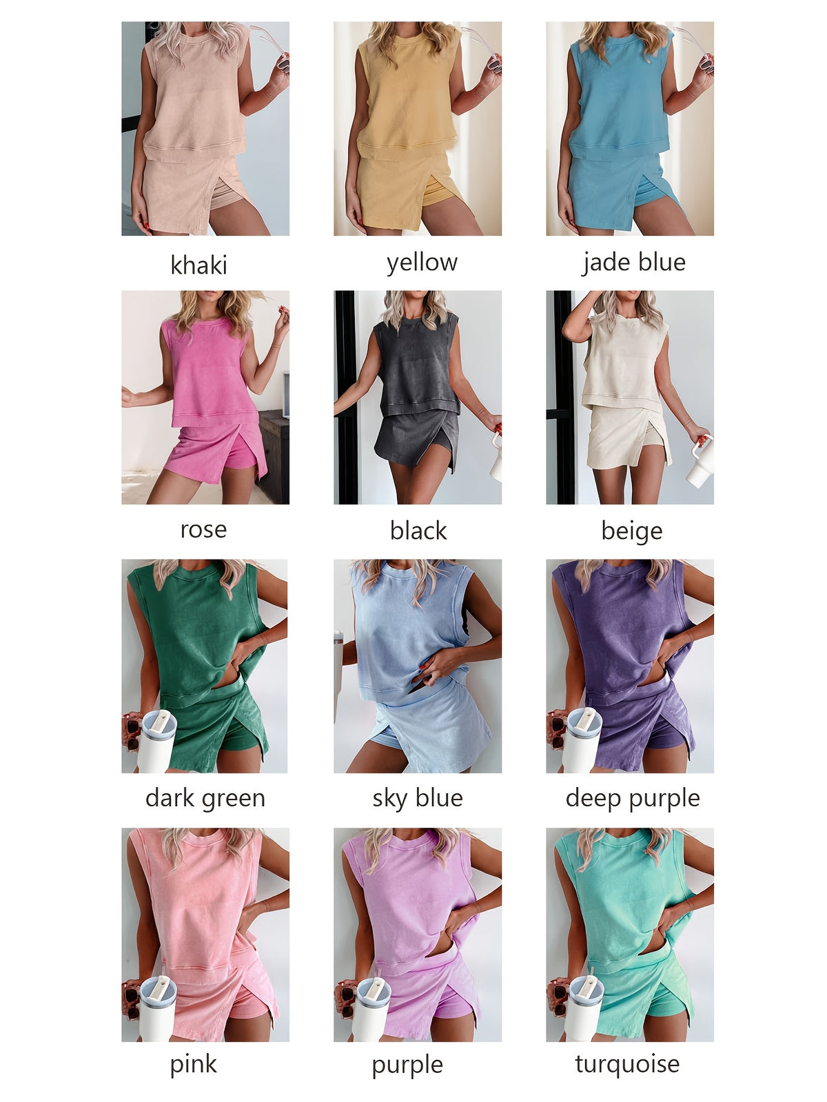 Solid Color 2-Piece Set Women Short Sleeve T-Shirt and Pants Casual Summer Matching Outfit