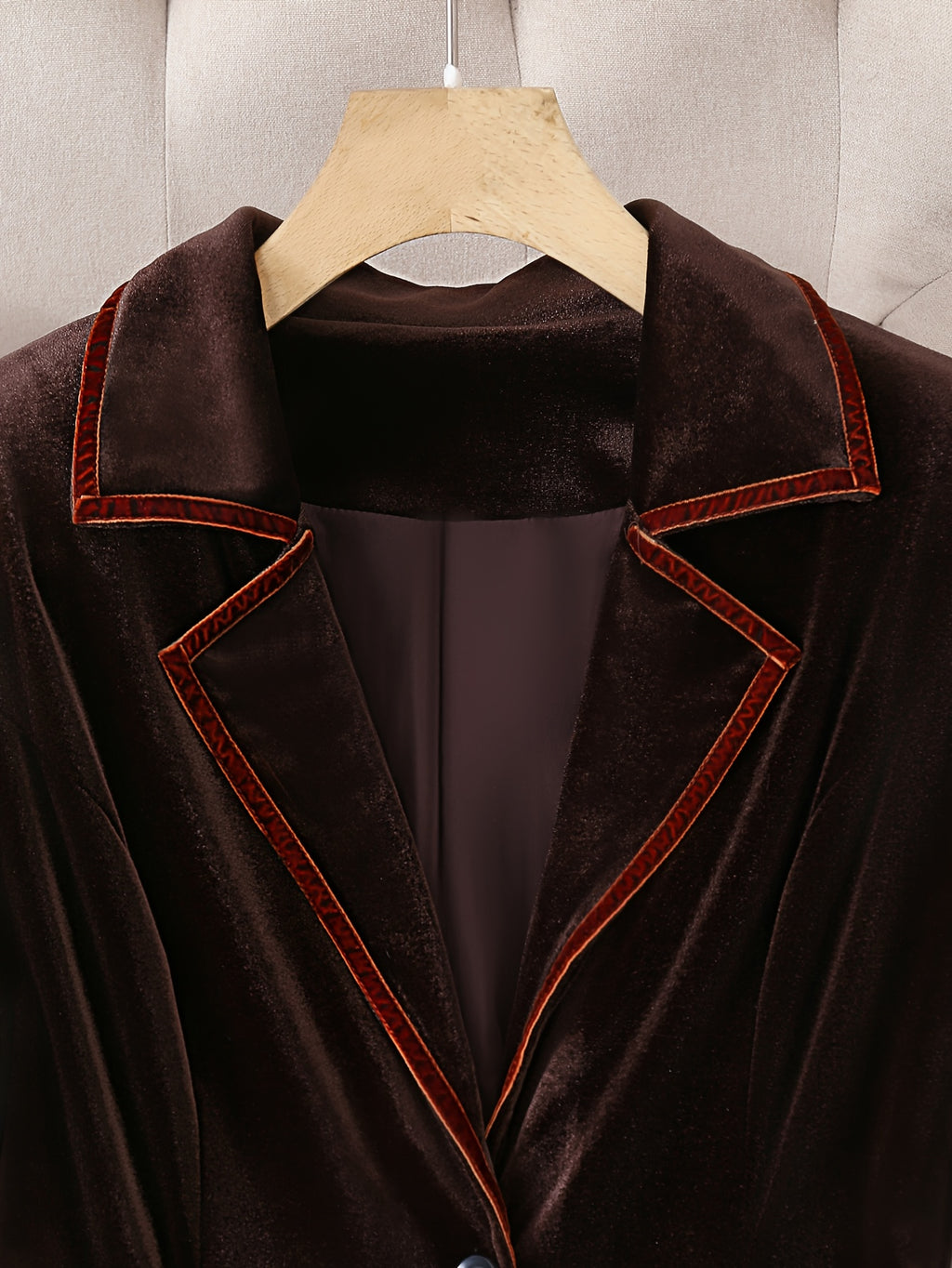 Dark Brown Velvet Blazer Women Contrast Piping Single Breasted Long Sleeve Elegant Casual Social Occasion