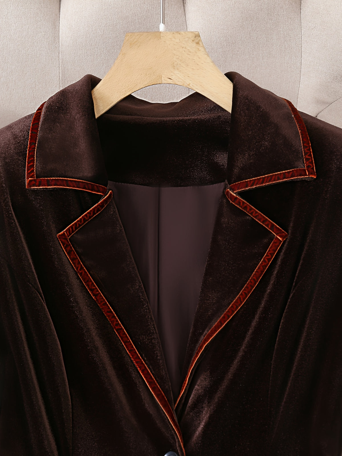 Dark Brown Velvet Blazer Women Contrast Piping Single Breasted Long Sleeve Elegant Casual Social Occasion
