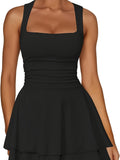 Square Neck Short Party Dress Women Ruffled Hem Pleated Waist Cute Flirty Mini Dress S-XXL