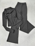 Zip Up Long Sleeve Top Flared Pants 2 Piece Set Women Elegant Casual Daily Outfit Co-ord Grey Black Coffee Brown M-XXL